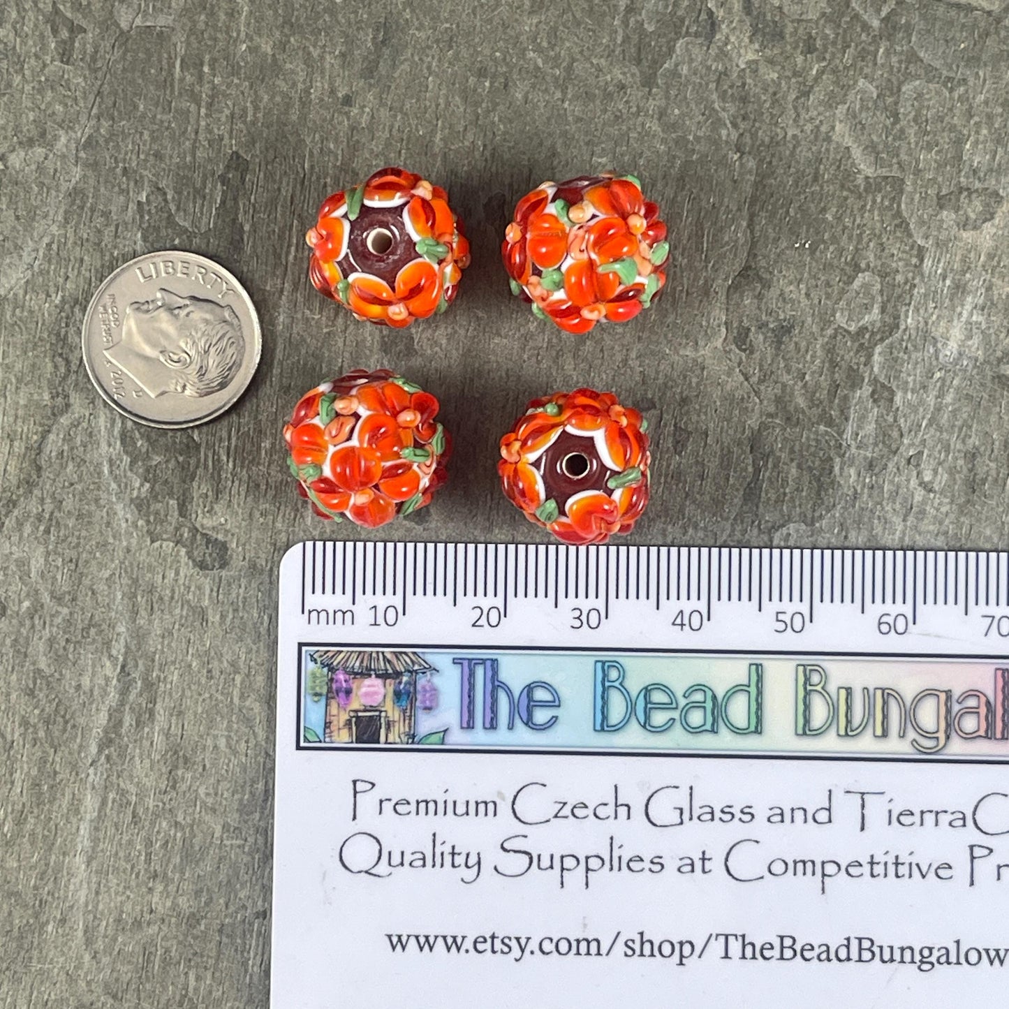 Floral Design Orange Lampwork Beads, 14mm Round, Bright Dark Orange Flower Beads * Qty. 2