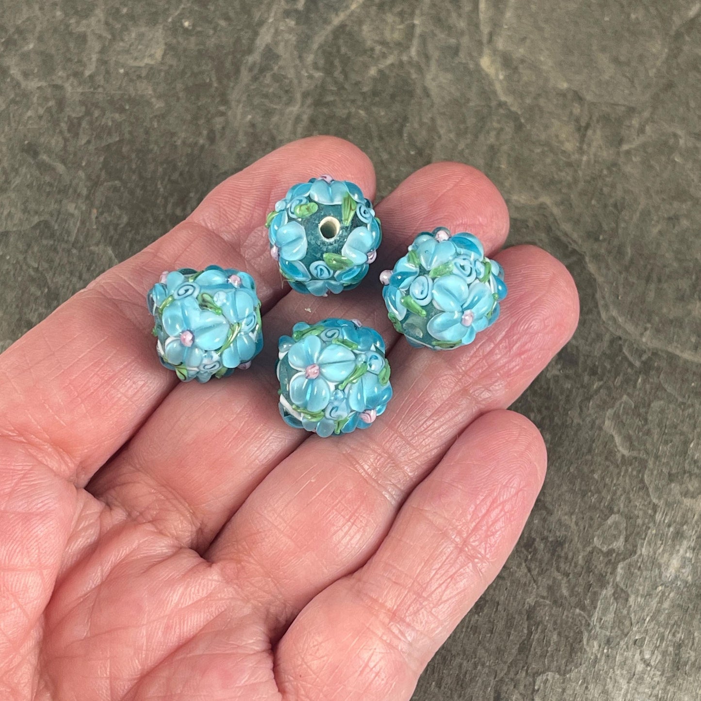 Floral Design Light Blue Lampwork Beads, 14mm Round, Light Blue Flower Beads * Qty. 2