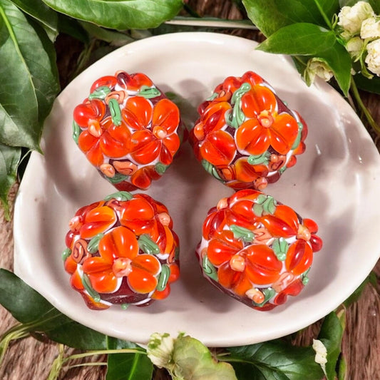 Floral Design Orange Lampwork Beads, 14mm Round, Bright Dark Orange Flower Beads * Qty. 2
