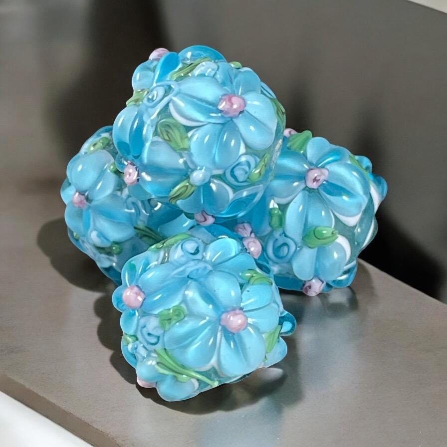Floral Design Light Blue Lampwork Beads, 14mm Round, Light Blue Flower Beads * Qty. 2