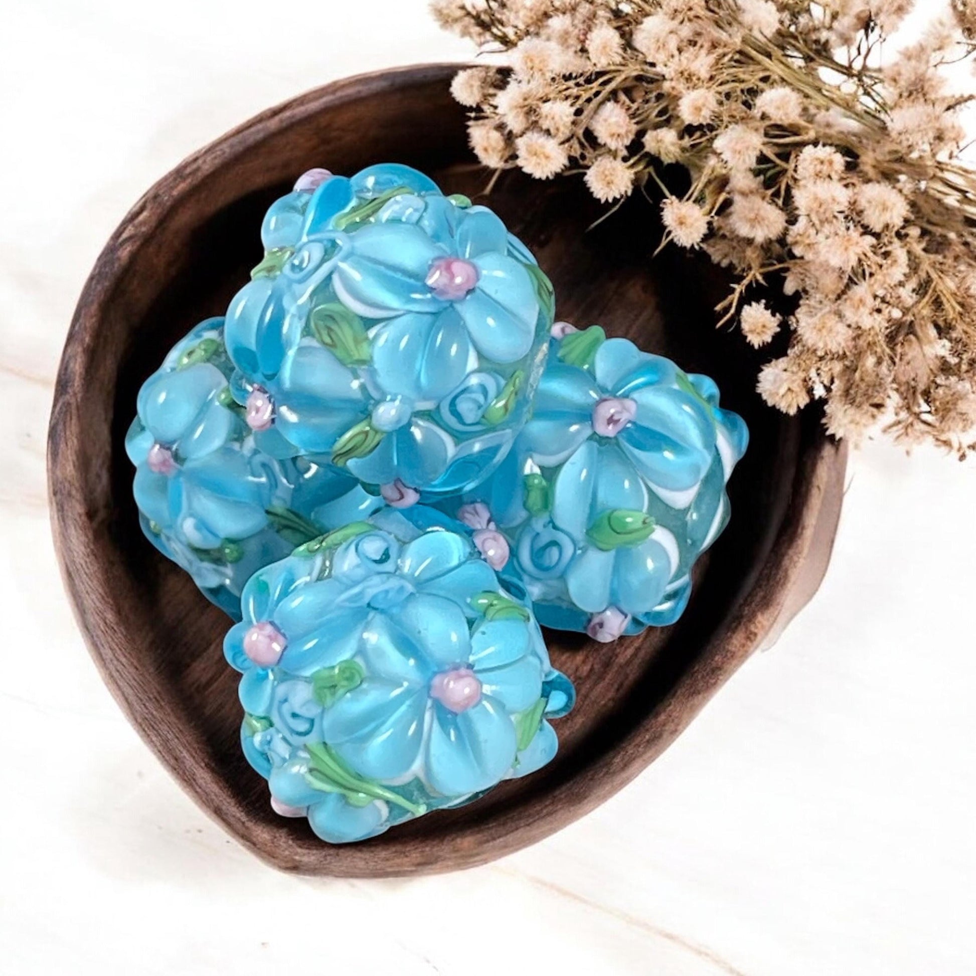 Floral Design Light Blue Lampwork Beads, 14mm Round, Light Blue Flower Beads * Qty. 2
