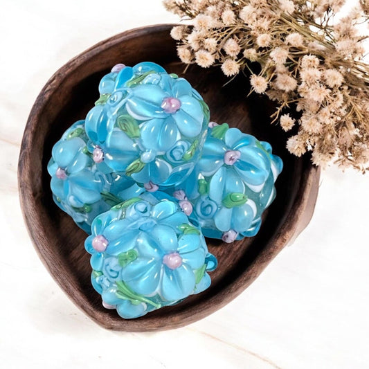Floral Design Light Blue Lampwork Beads, 14mm Round, Light Blue Flower Beads * Qty. 2