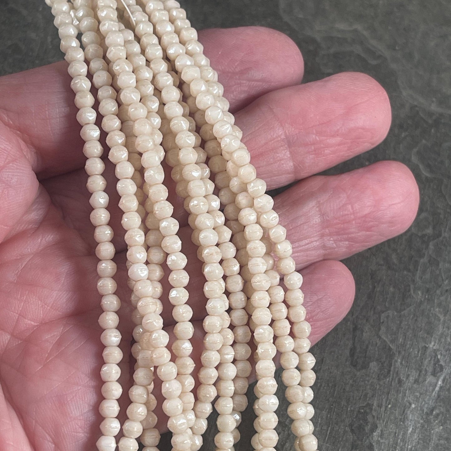 Czech Glass Beads - 3mm English Cut, Beige, Off-White, Ivory Faceted Cube Spacer Beads (EC/SM-P14413) * Qty. 50