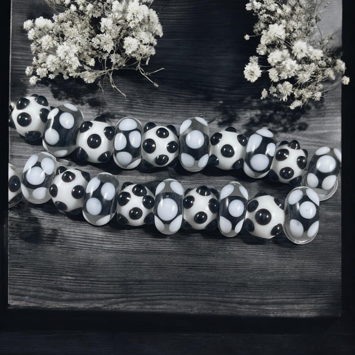 Black and White Polkadot Beads Black and White Lampwork Polka-dot Lampwork Beads Round and Rondelle Bead Mix (LB229/527)