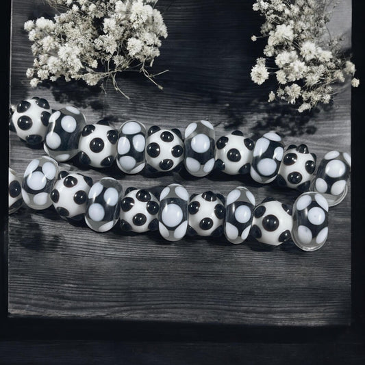 Black and White Polkadot Beads Black and White Lampwork Polka-dot Lampwork Beads Round and Rondelle Bead Mix (LB229/527)