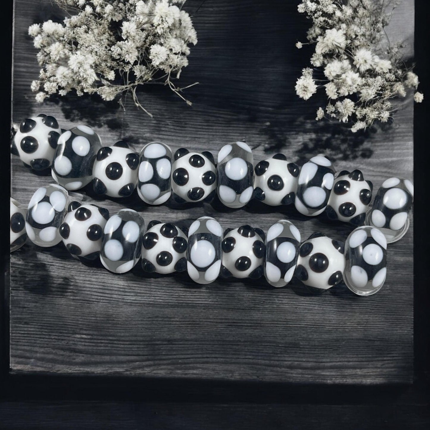 Black and White Polkadot Lampwork Beads, Round and Rondelle Bead Mix (LB229/527) *
