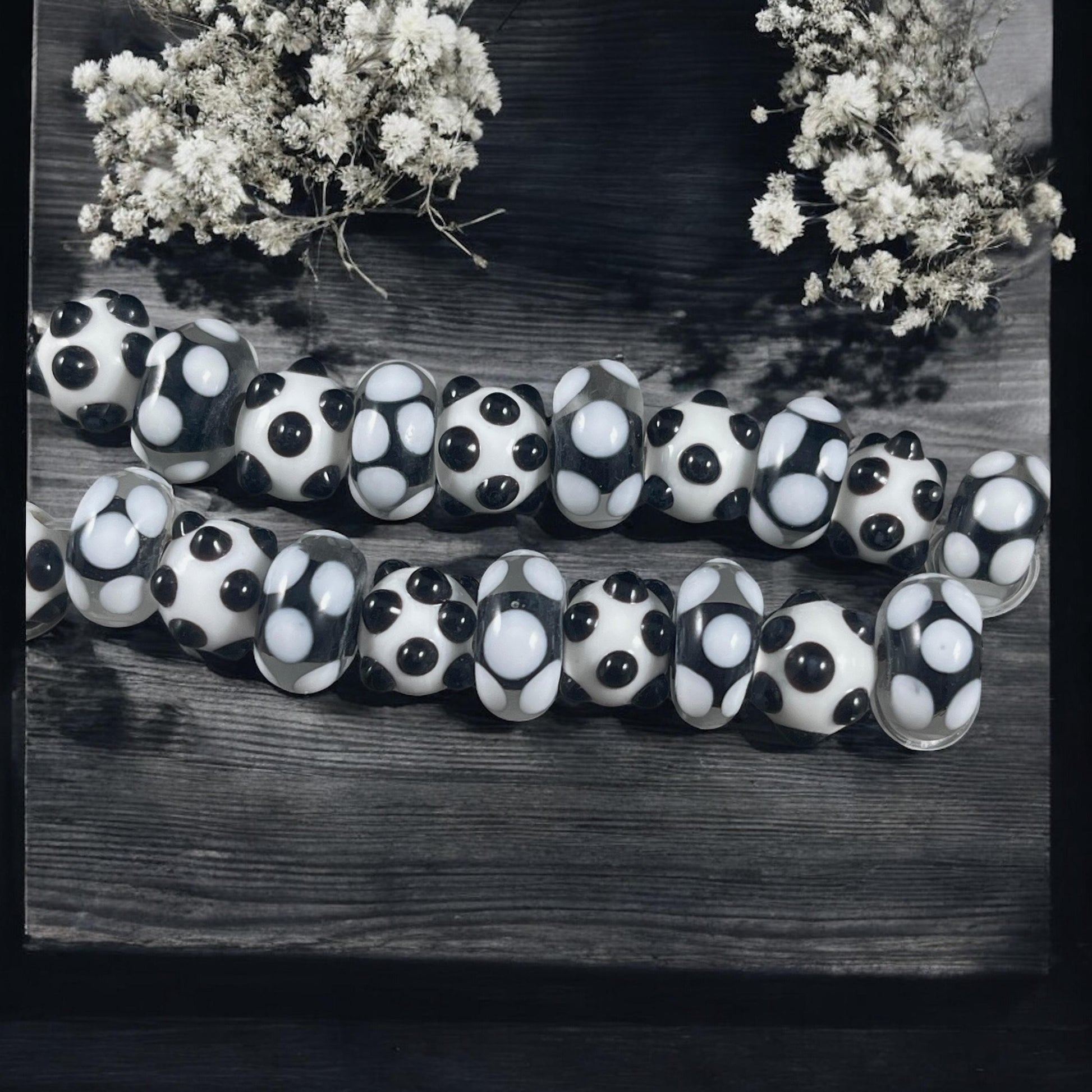 Black and White Polkadot Lampwork Beads, Round and Rondelle Bead Mix (LB229/527) *