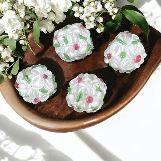 14mm White Lampwork Glass Flower Beads (LB202) * Qty. 2