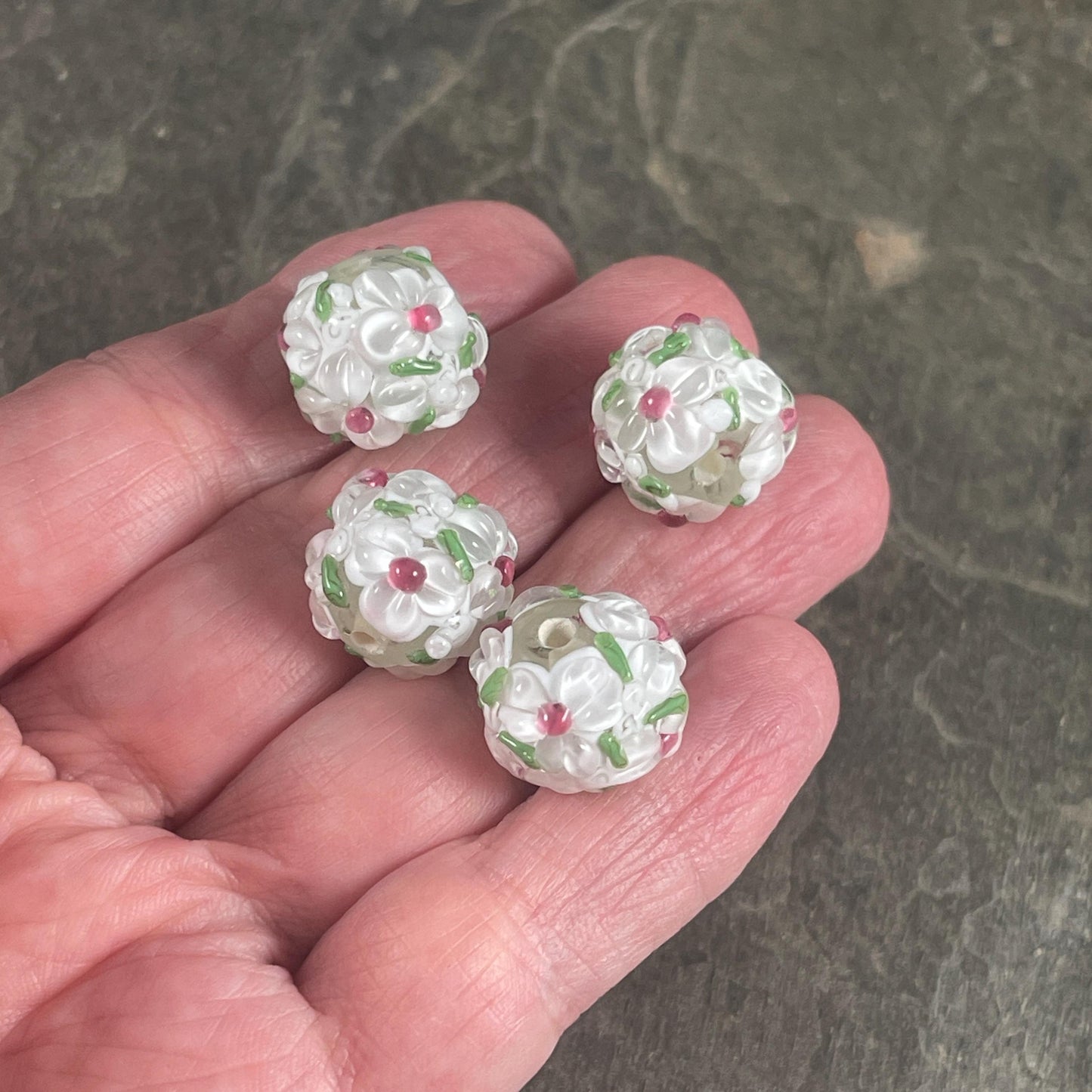 14mm White Lampwork Glass Flower Beads (LB202) * Qty. 2