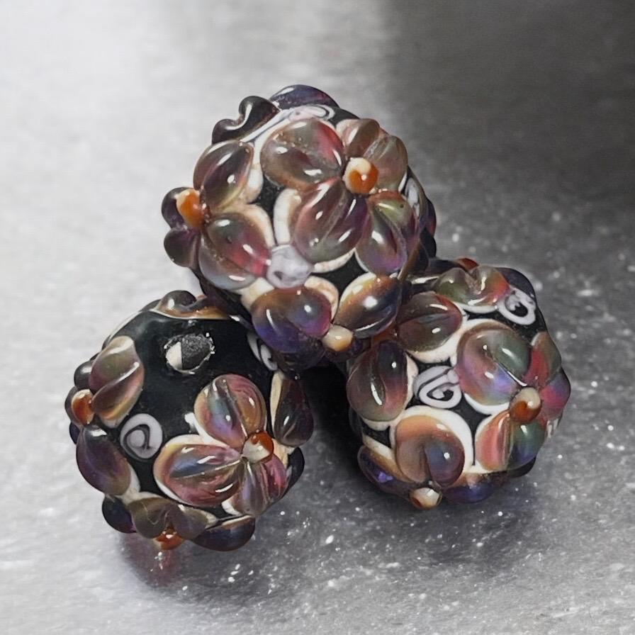 Lavender and Black Lampwork Beads, Two-tone Flower Beads, 14mm Round Floral Theme Beads * Qty. 2