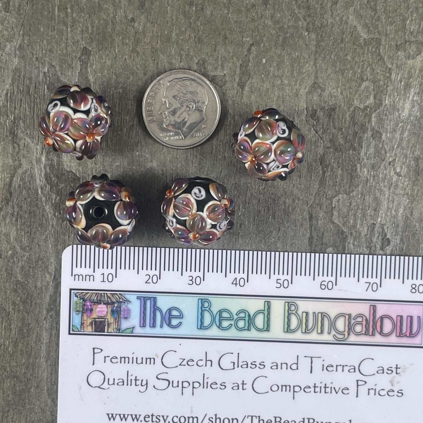 Lavender and Black Lampwork Beads, Two-tone Flower Beads, 14mm Round Floral Theme Beads * Qty. 2