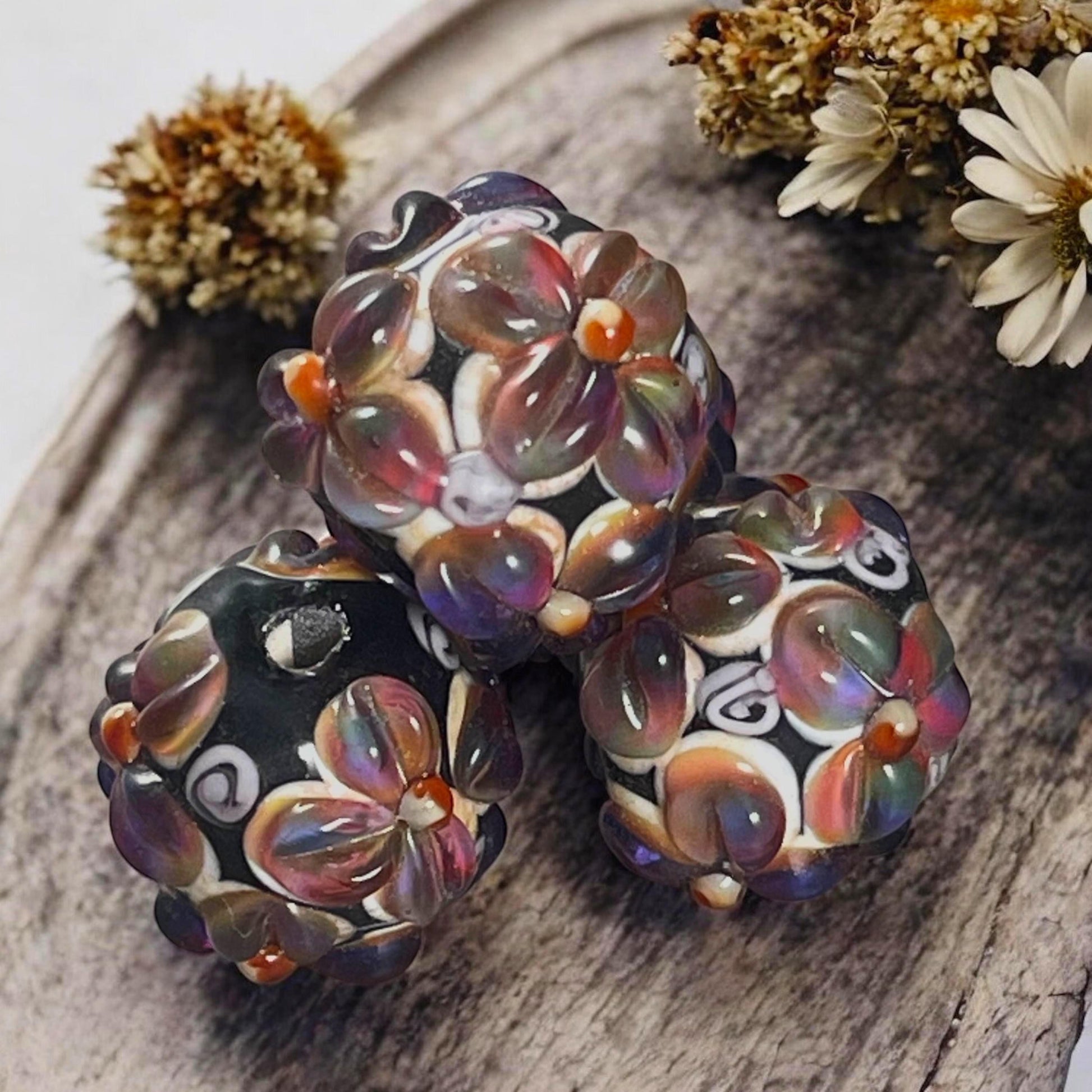 Lavender and Black Lampwork Beads, Two-tone Flower Beads, 14mm Round Floral Theme Beads * Qty. 2