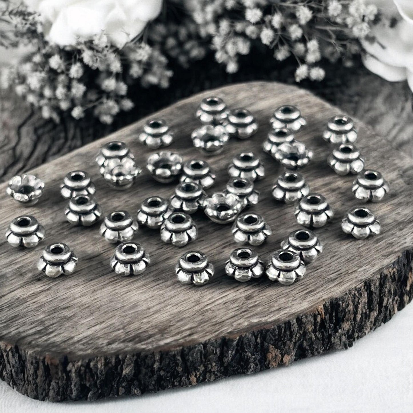 TierraCast Antiqued Pewter Flower Bead Caps, 3.5mm Tiny Scalloped Petal Bead Caps (PF/790-04) * Qty. 50