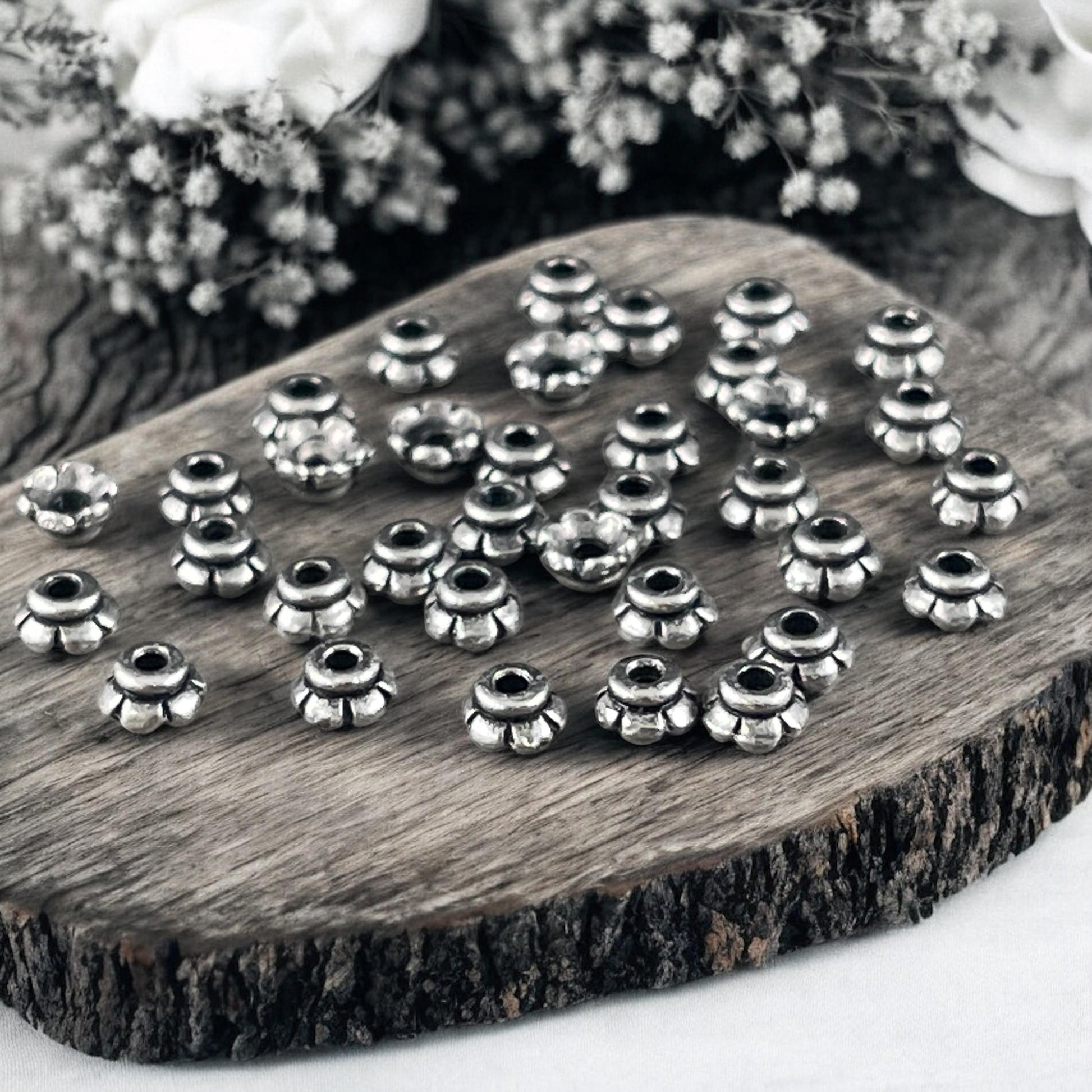TierraCast Antiqued Pewter Flower Bead Caps, 3.5mm Tiny Scalloped Petal Bead Caps (PF/790-04) * Qty. 50