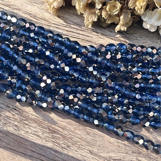 Czech Glass - 6mm Faceted Round Beads, Sapphire Celsian (FP6/SM-Z3005) * Qty. 25