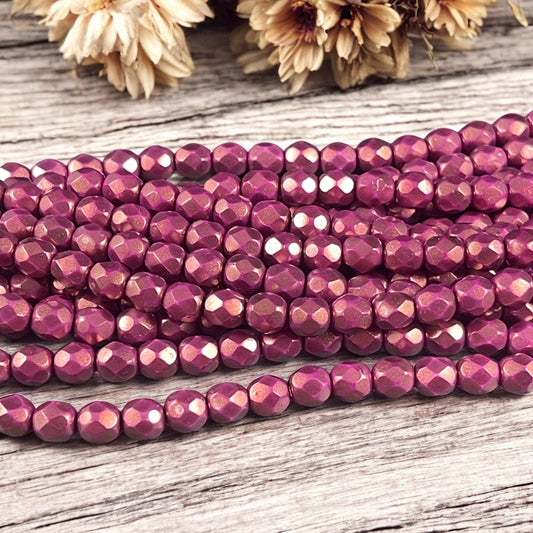 Czech Glass Beads - 6mm Faceted Round Beads, Madder Rose, Opaque Copper Rose (FP6/SM-P29260) * Qty. 25