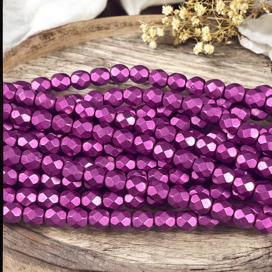Czech Glass Beads - 6mm Faceted Round Beads, Metallic Yarrow Pink (FP6/SM-77062) * Qty. 25