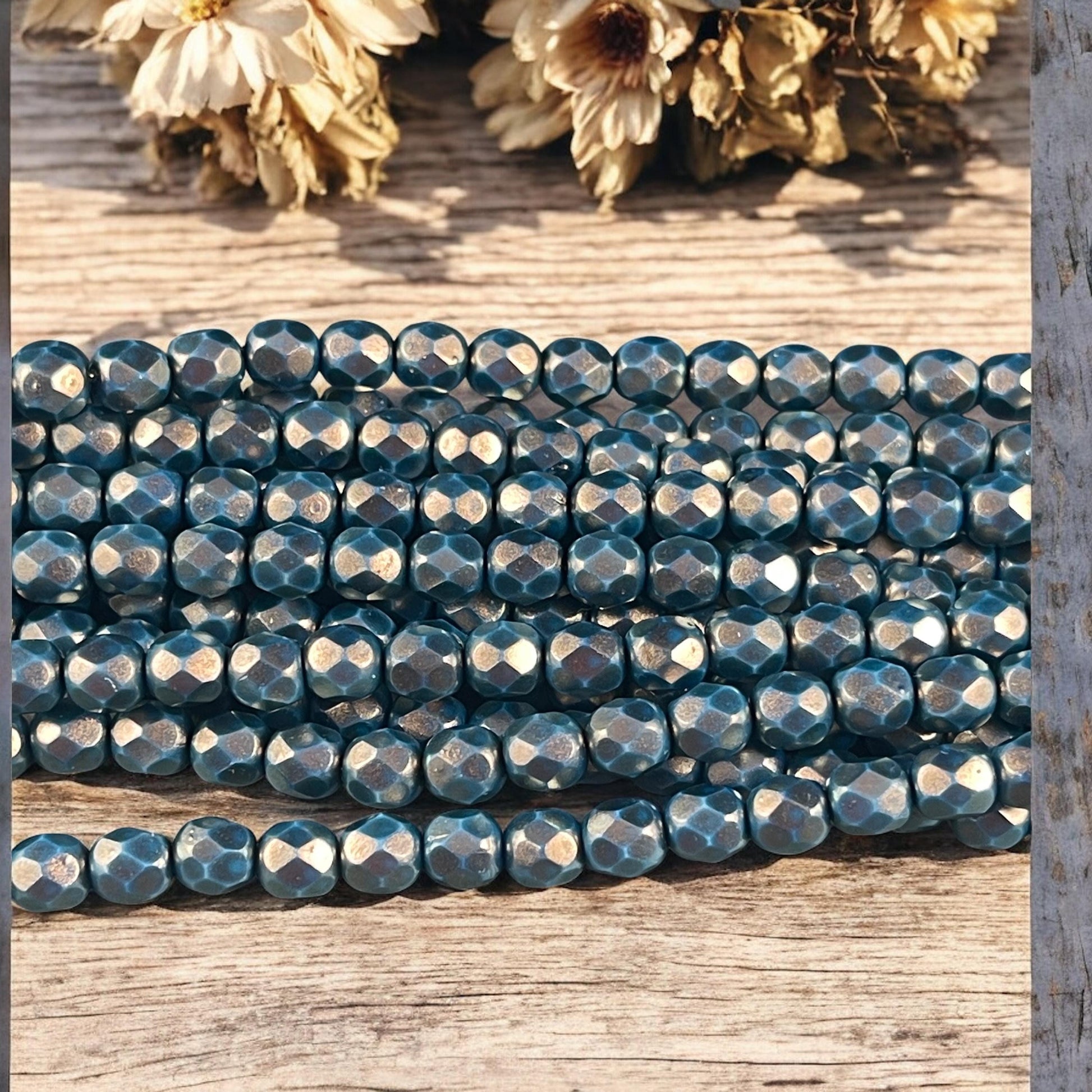 Czech Beads - 6mm Faceted Round Beads, Golden Halo Azurite Blue (FP6/SM-P29266) * Qty. 25