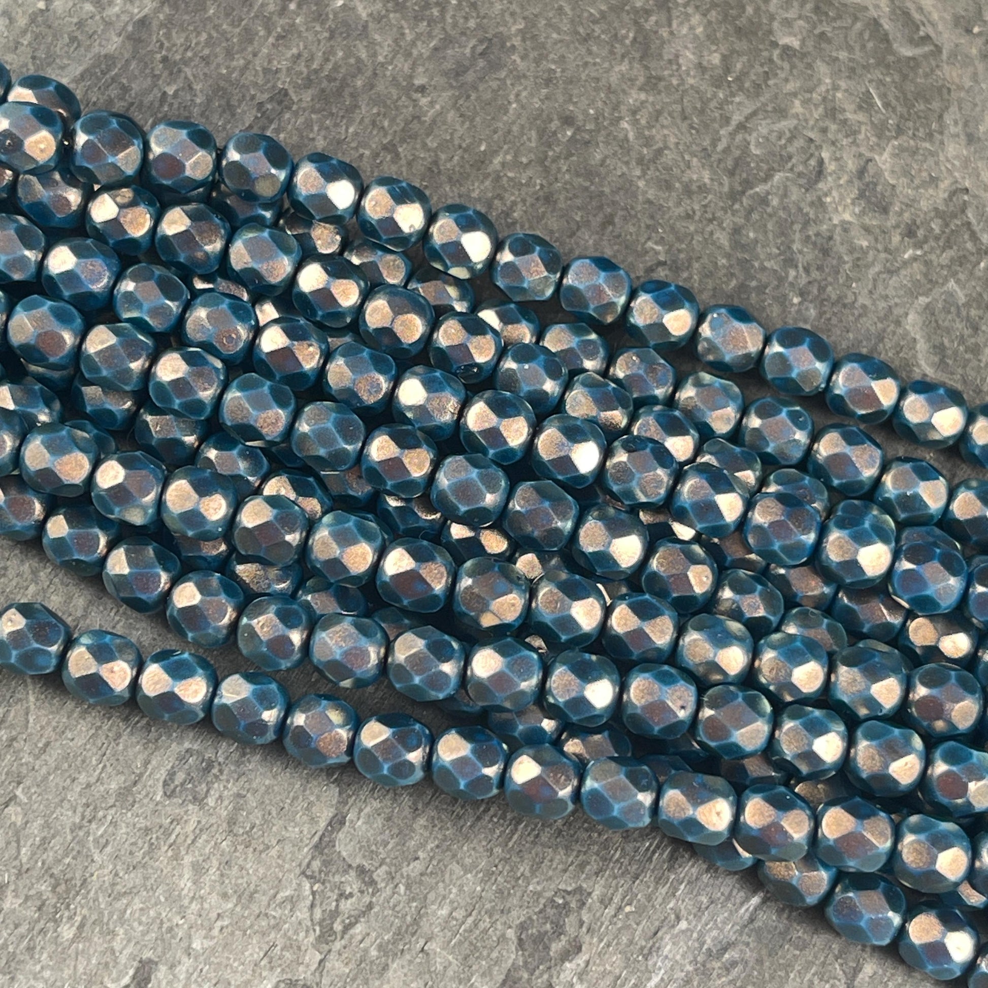 Czech Glass Beads - 6mm Faceted Round Beads, Golden Halo Azurite (FP6/SM-P29266) * Qty. 25