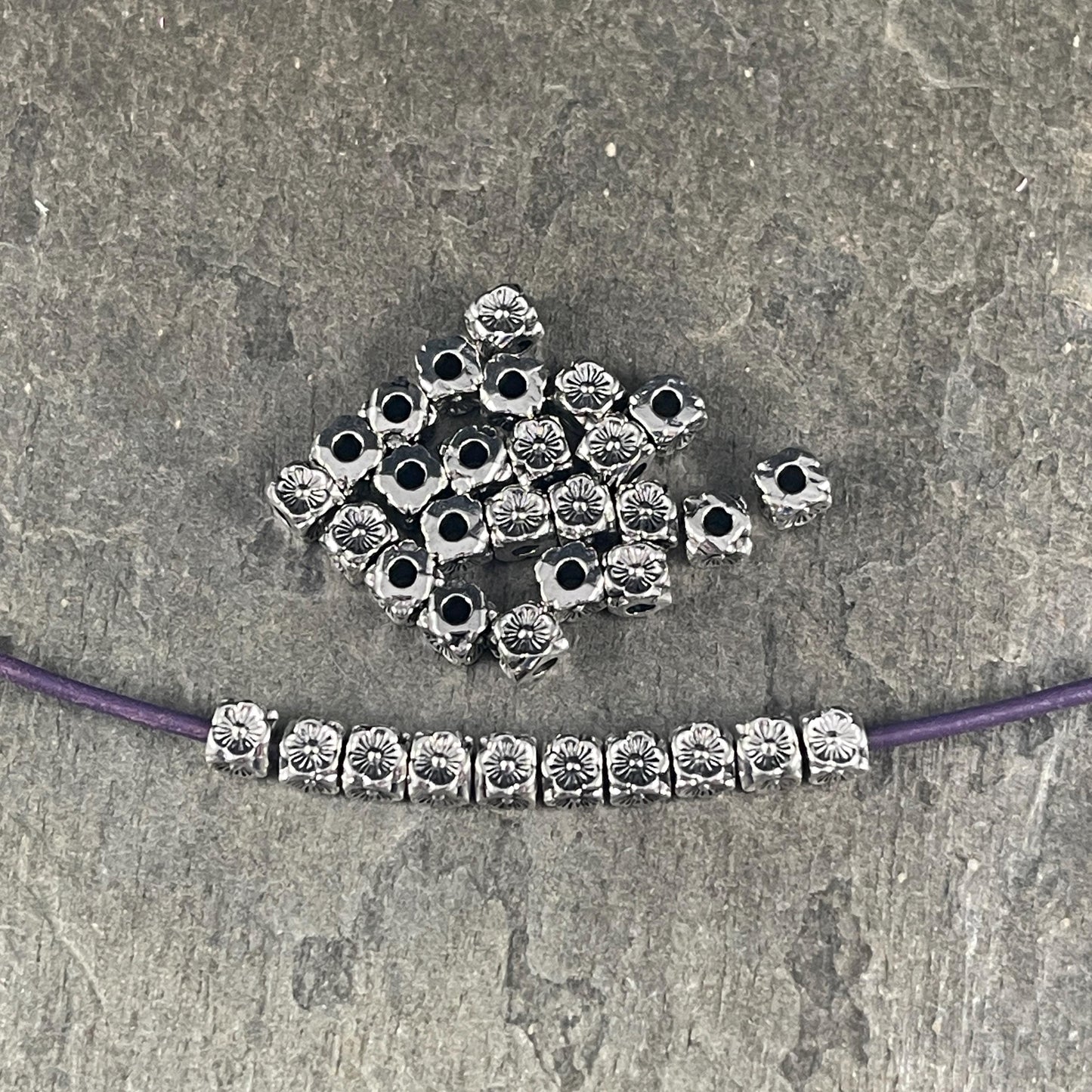 Antiqued Silver Large Hole Square with Flowers, 4mm Cube with 1.8mm Hole (YW0001-17A) * Qty. 50