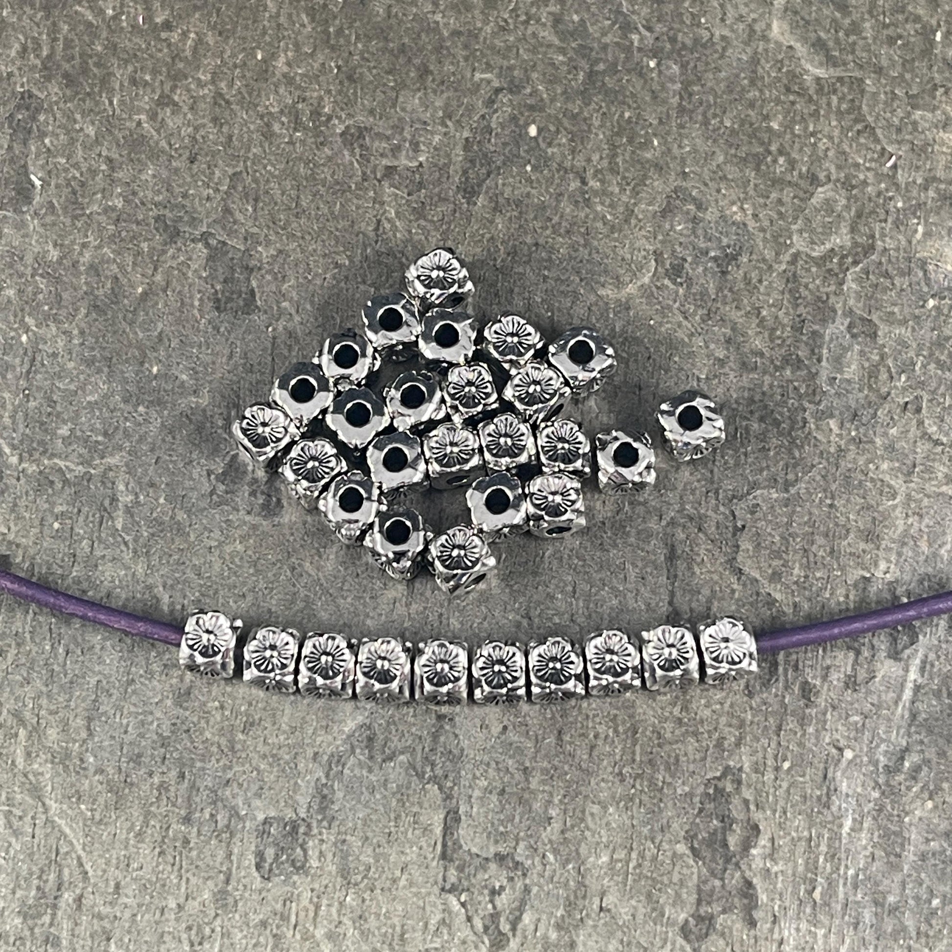 Antiqued Silver Large Hole Square with Flowers, 4mm Cube with 1.8mm Hole (YW0001-17A) * Qty. 50