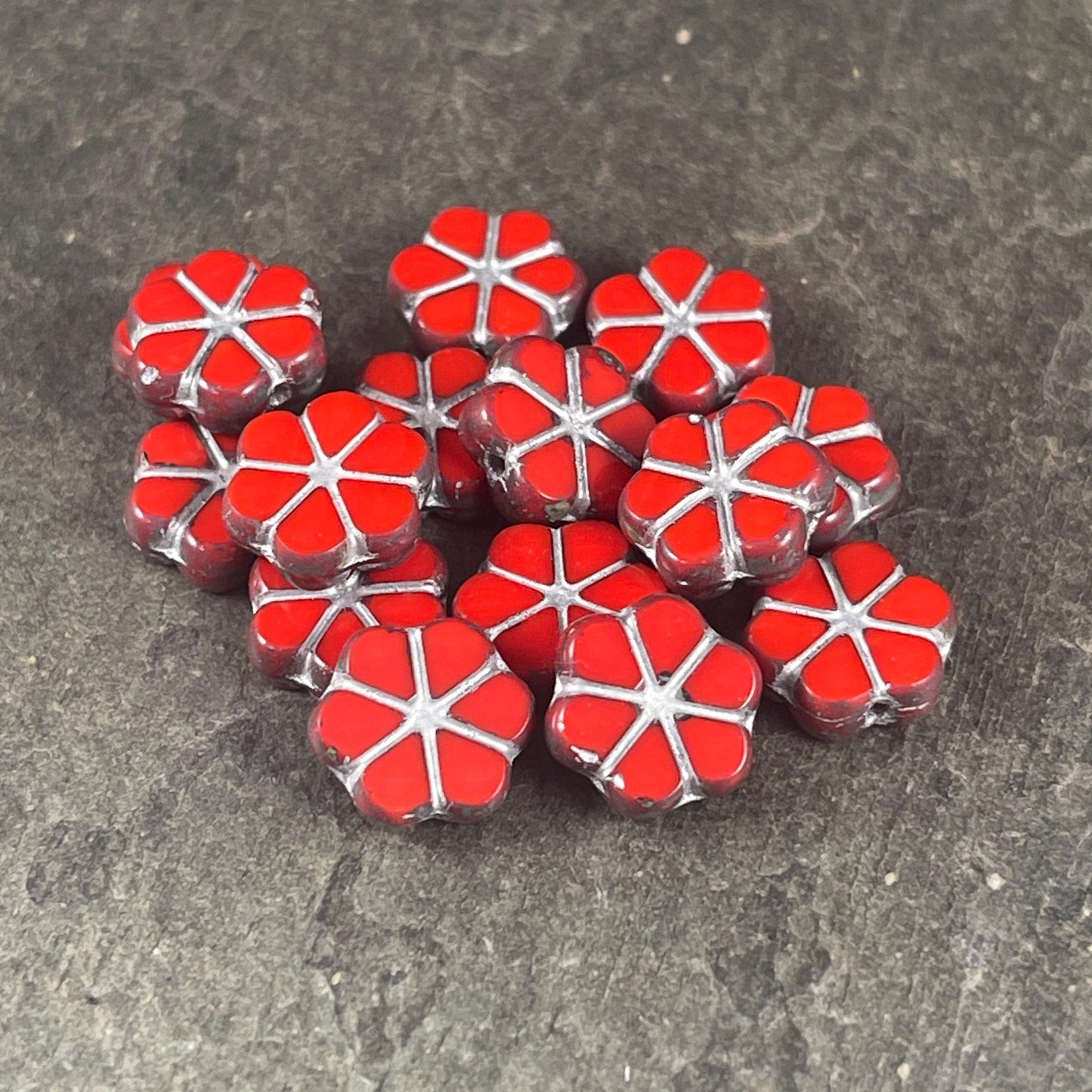 Czech Flower Beads, 10mm Opaque Coral Red Picasso Flower, Reddish-Orange with Travertine Picasso and Silver Wash (TCFMN-34) * Qty. 10