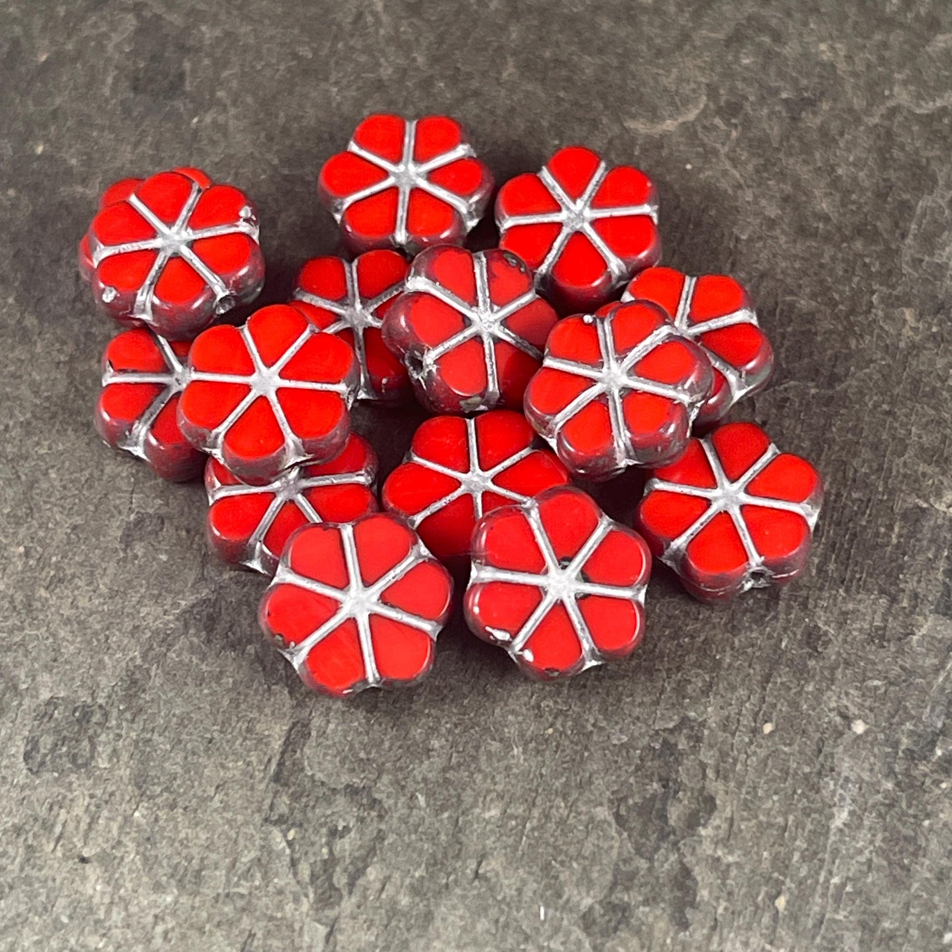 Czech Flower Beads, 10mm Opaque Coral Red Picasso Flower, Reddish-Orange with Travertine Picasso and Silver Wash (TCFMN-34) * Qty. 10