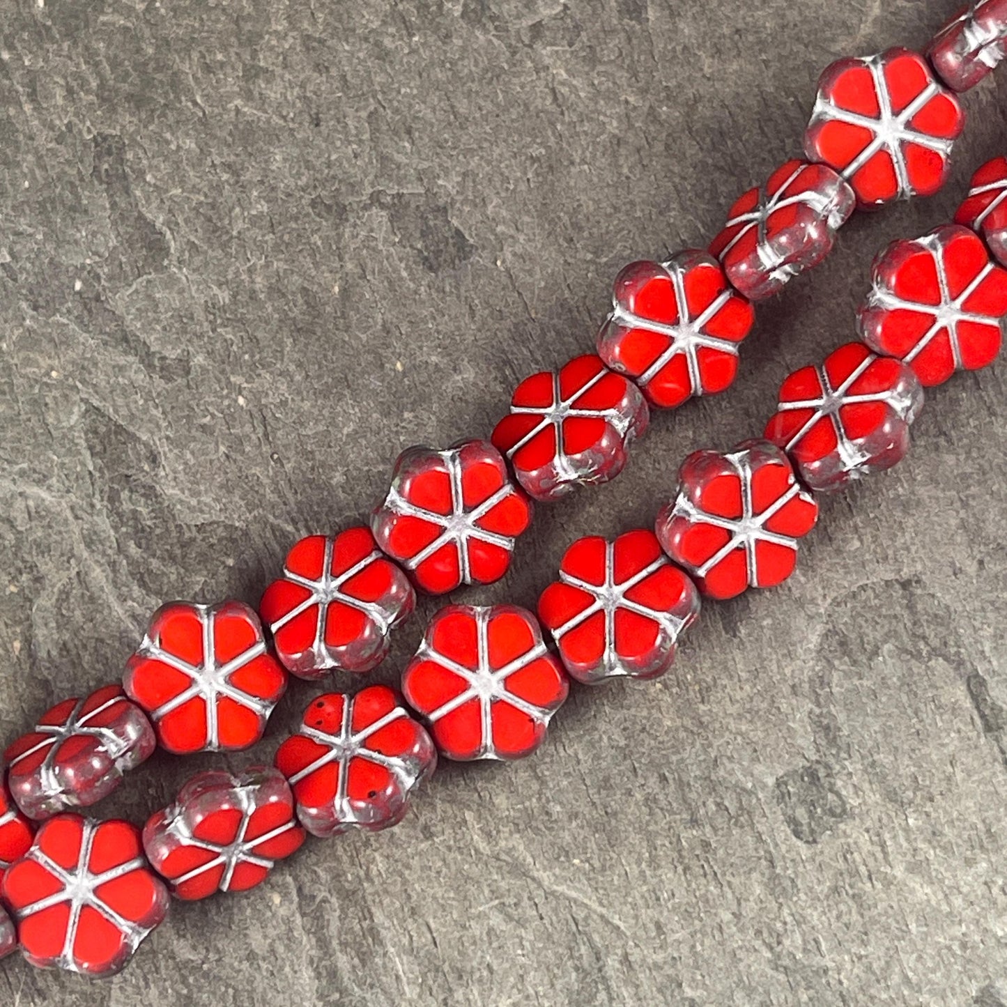 Czech Flower Beads, 10mm Opaque Coral Red Picasso Flower, Reddish-Orange with Travertine Picasso and Silver Wash (TCFMN-34) * Qty. 10