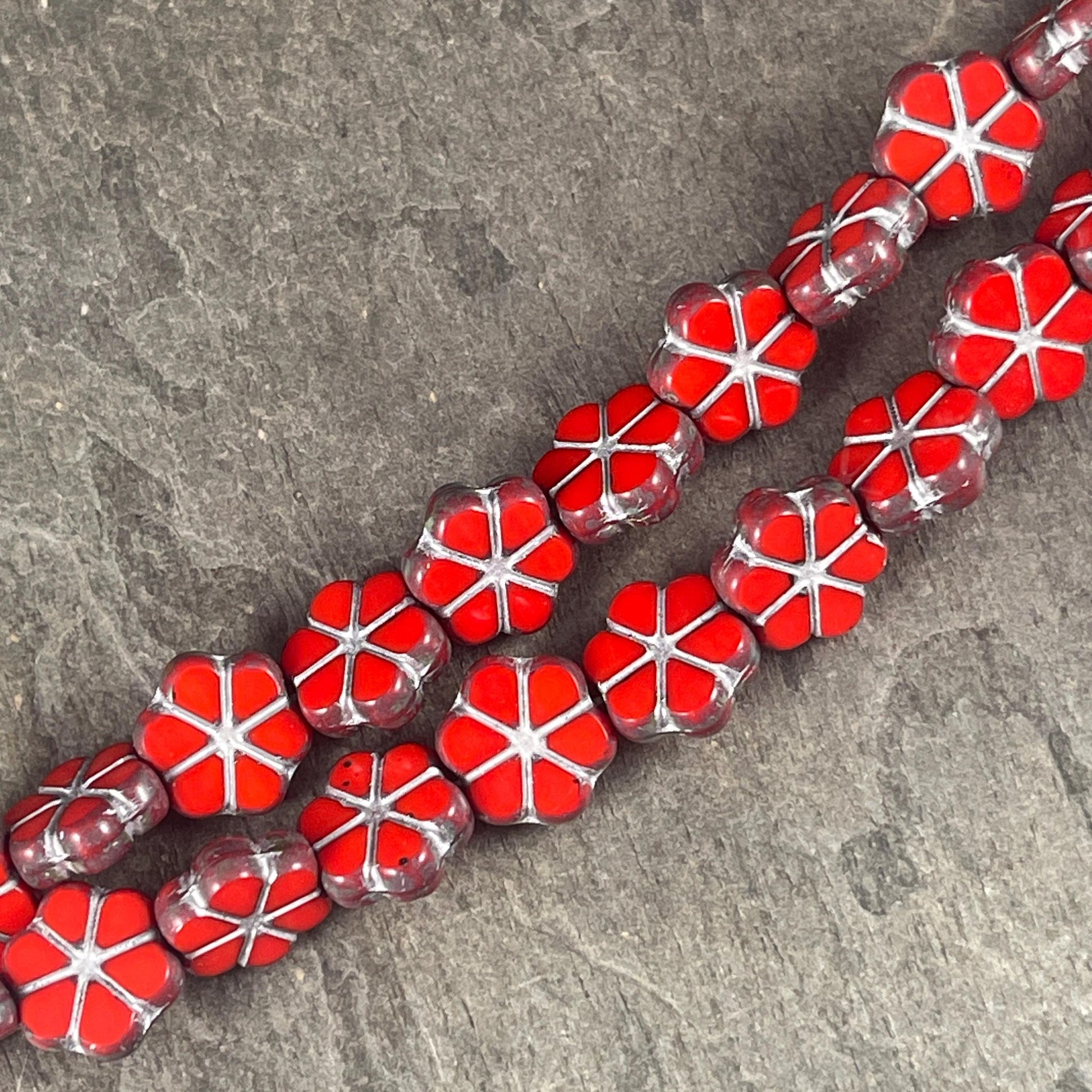 Czech Flower Beads, 10mm Opaque Coral Red Picasso Flower, Reddish-Orange with Travertine Picasso and Silver Wash (TCFMN-34) * Qty. 10