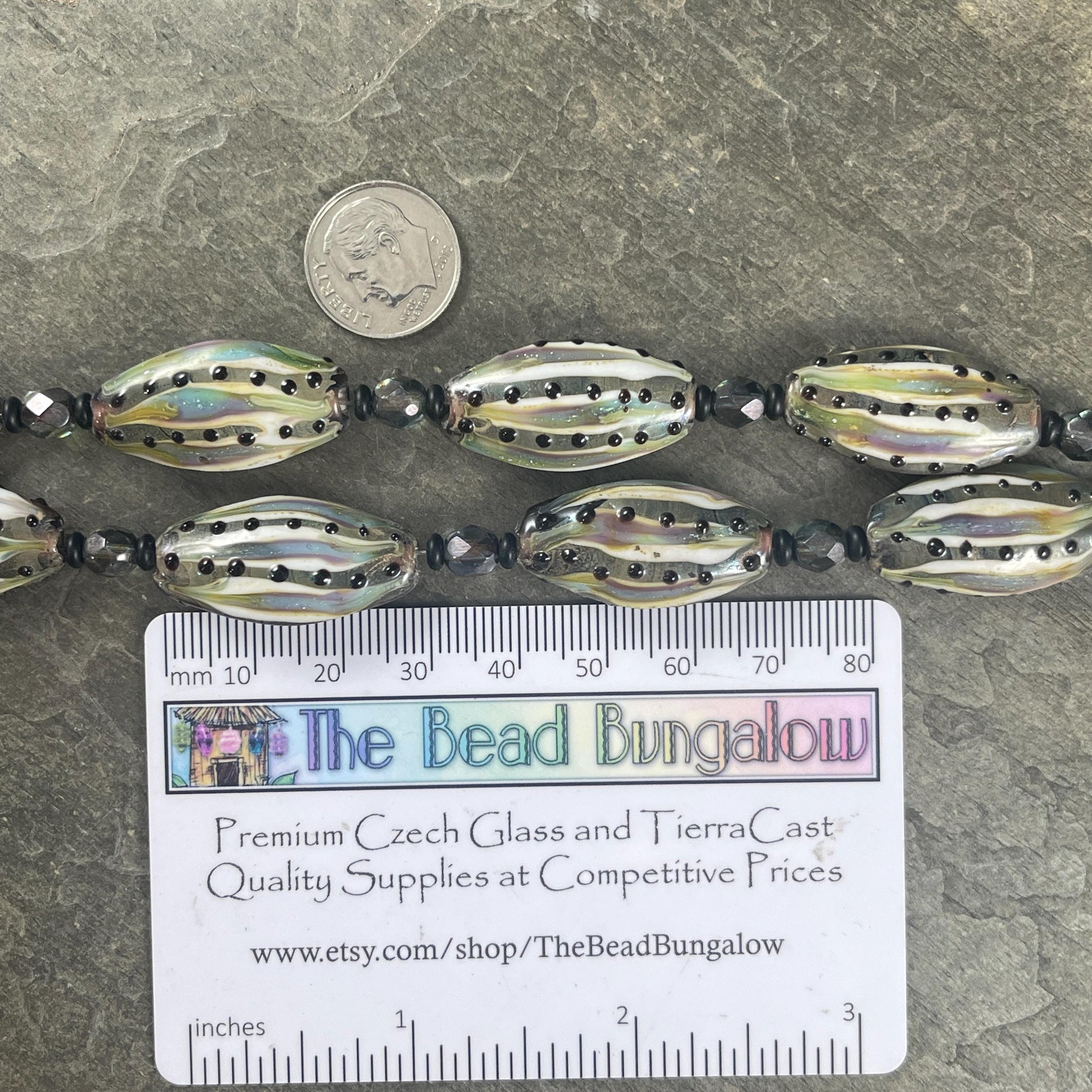 Olive Green and Black Striped Glass Beads, 30x17mm Lampwork Beads (LB715) Green, Blue and Black Oval Beads with Czech Glass Beads