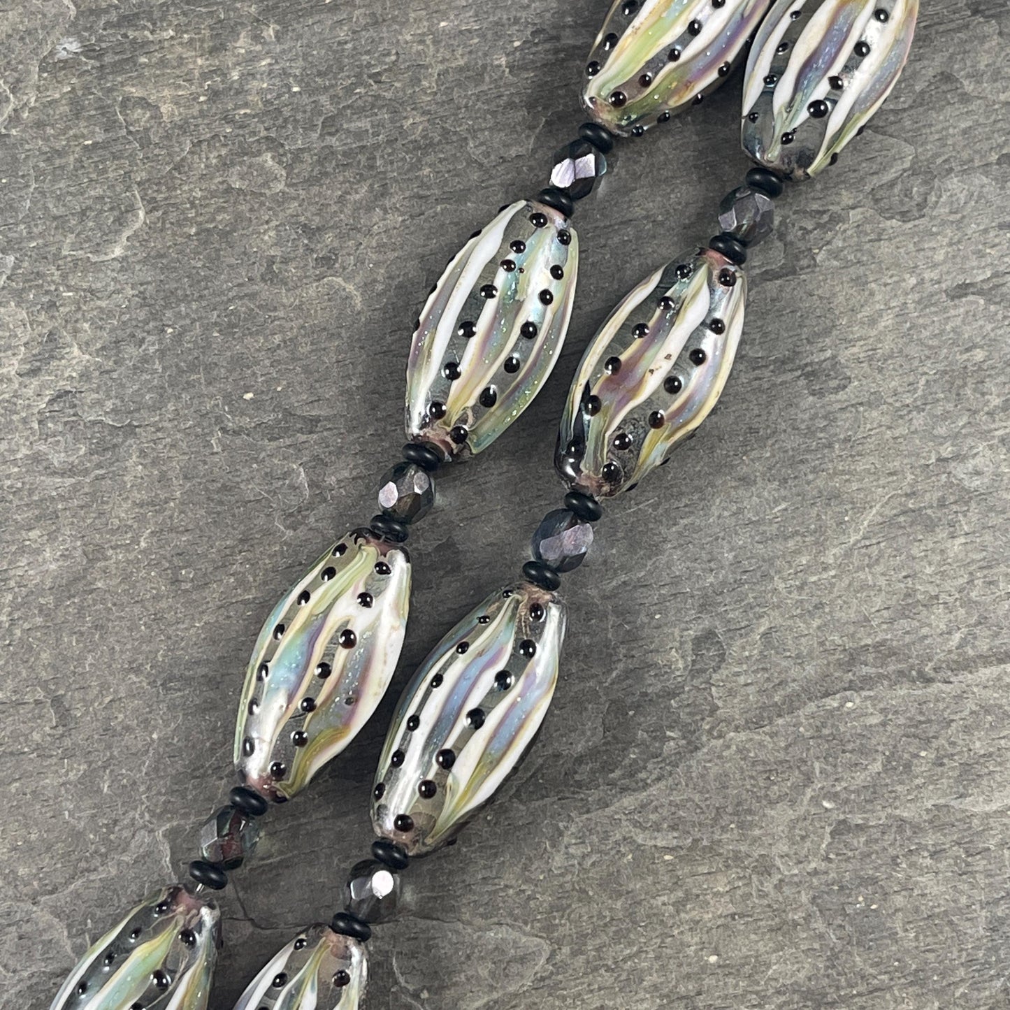 Olive Green and Black Striped Glass Beads, 30x17mm Lampwork Beads (LB715) Green, Blue and Black Oval Beads with Czech Glass Beads