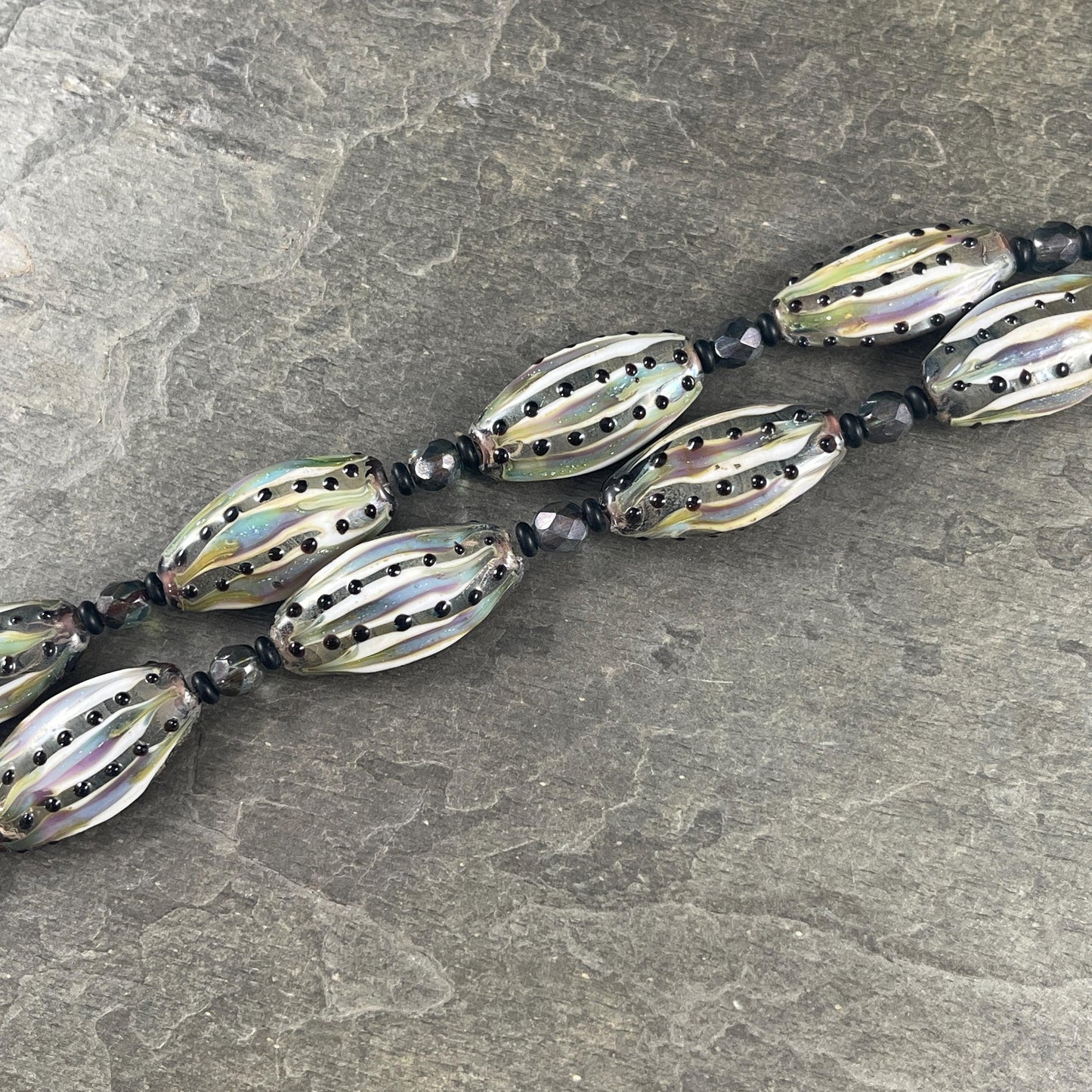 Olive Green and Black Striped Glass Beads, 30x17mm Lampwork Beads (LB715) Green, Blue and Black Oval Beads with Czech Glass Beads