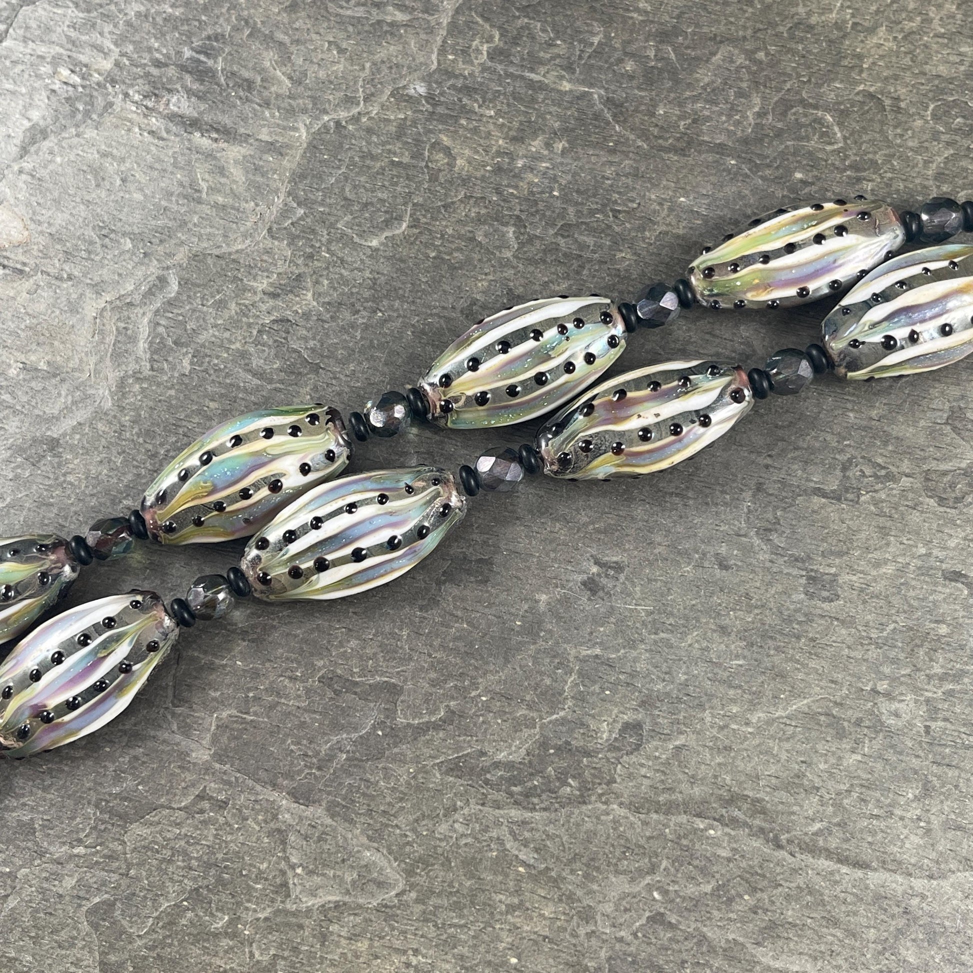 Olive Green and Black Striped Glass Beads, 30x17mm Lampwork Beads (LB715) Green, Blue and Black Oval Beads with Czech Glass Beads