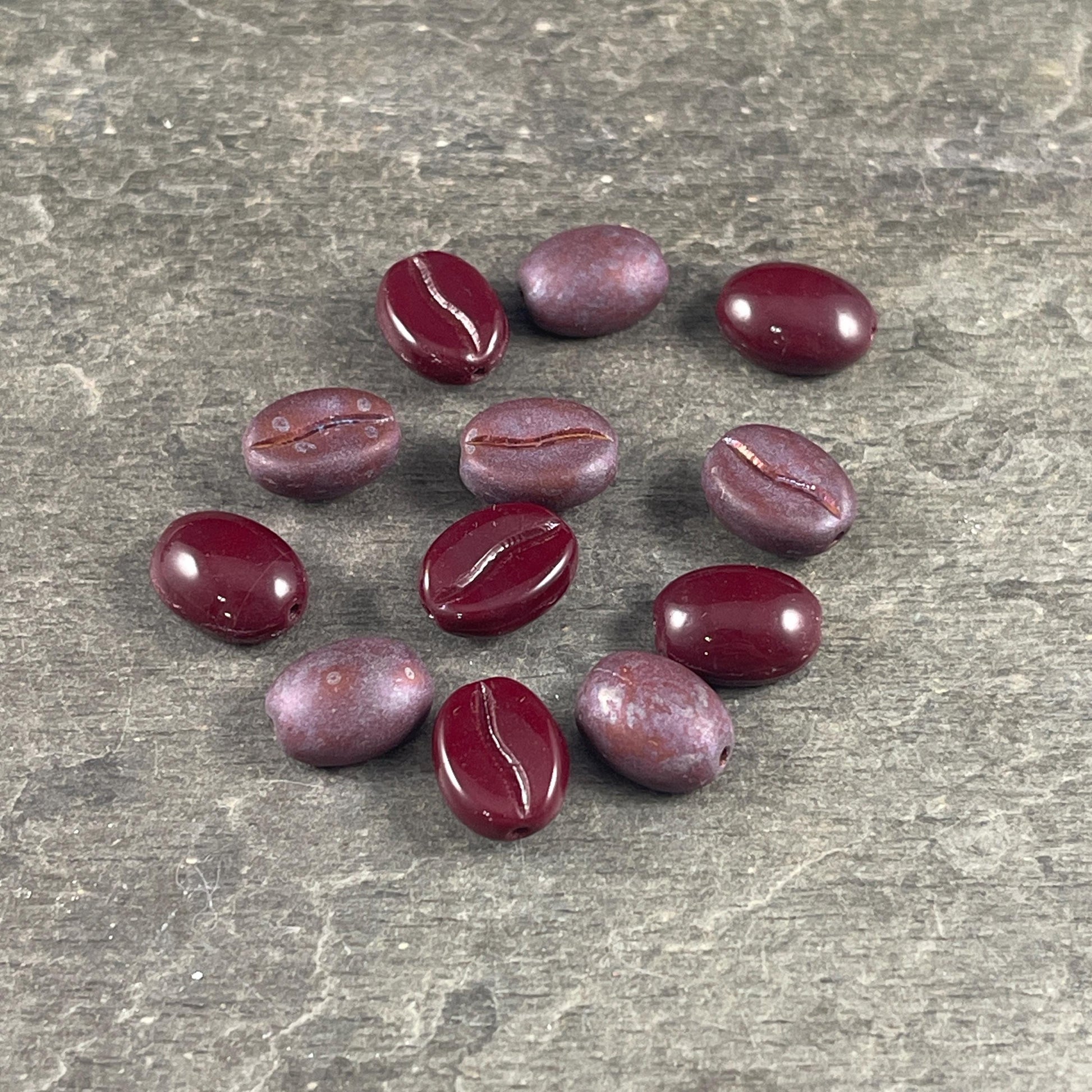 Czech Glass Beads ~ 11x8mm Glass Coffee Beans Coffee Lover's Beads, Burgundy and Matte Iridescent Mix (CB-12) * Qty. 12