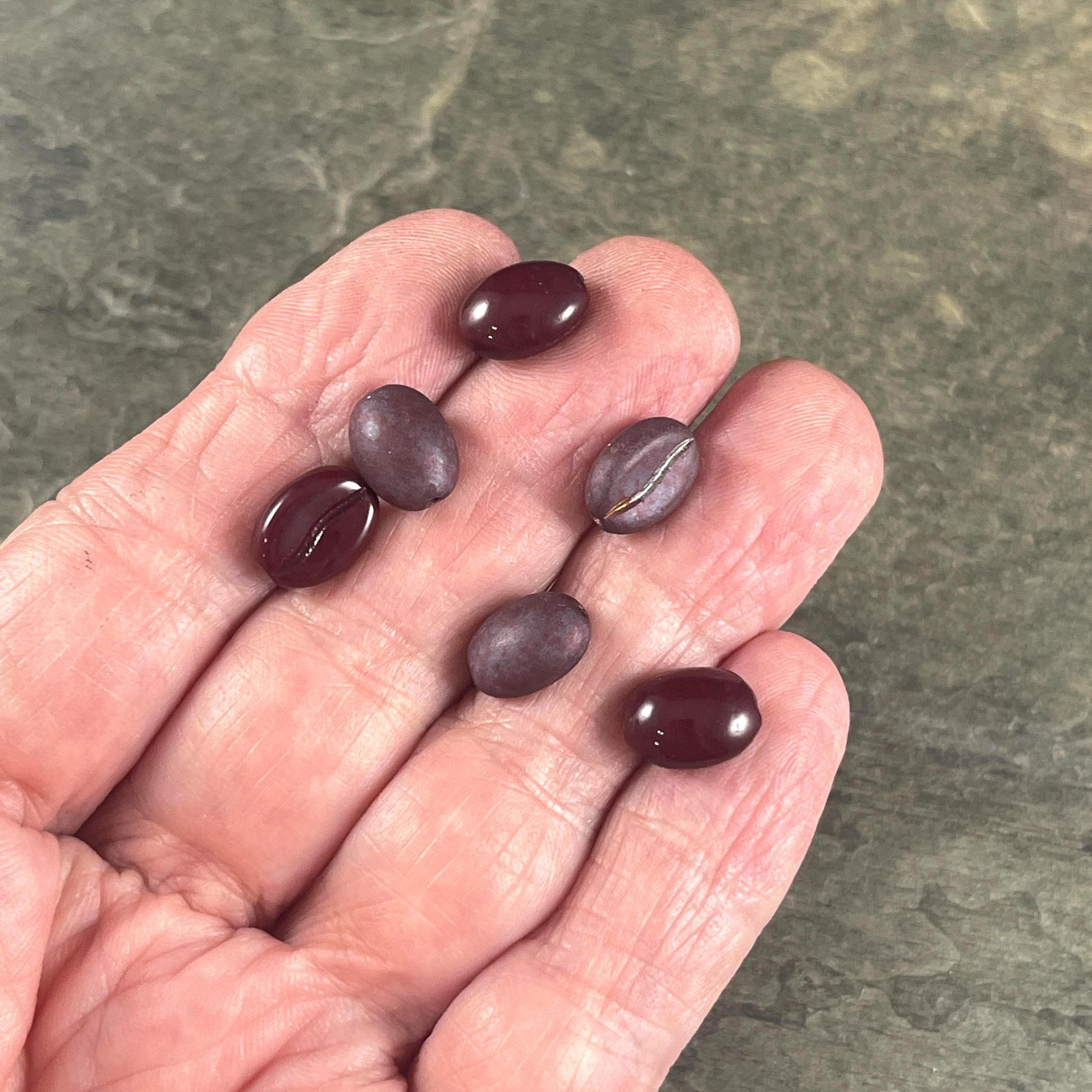Czech Glass Beads ~ 11x8mm Glass Coffee Beans Coffee Lover's Beads, Burgundy and Matte Iridescent Mix (CB-12) * Qty. 12