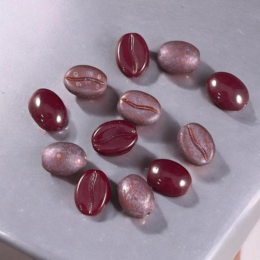 Czech Glass Beads ~ 11x8mm Glass Coffee Beans Coffee Lover's Beads, Burgundy and Matte Iridescent Mix (CB-12) * Qty. 12