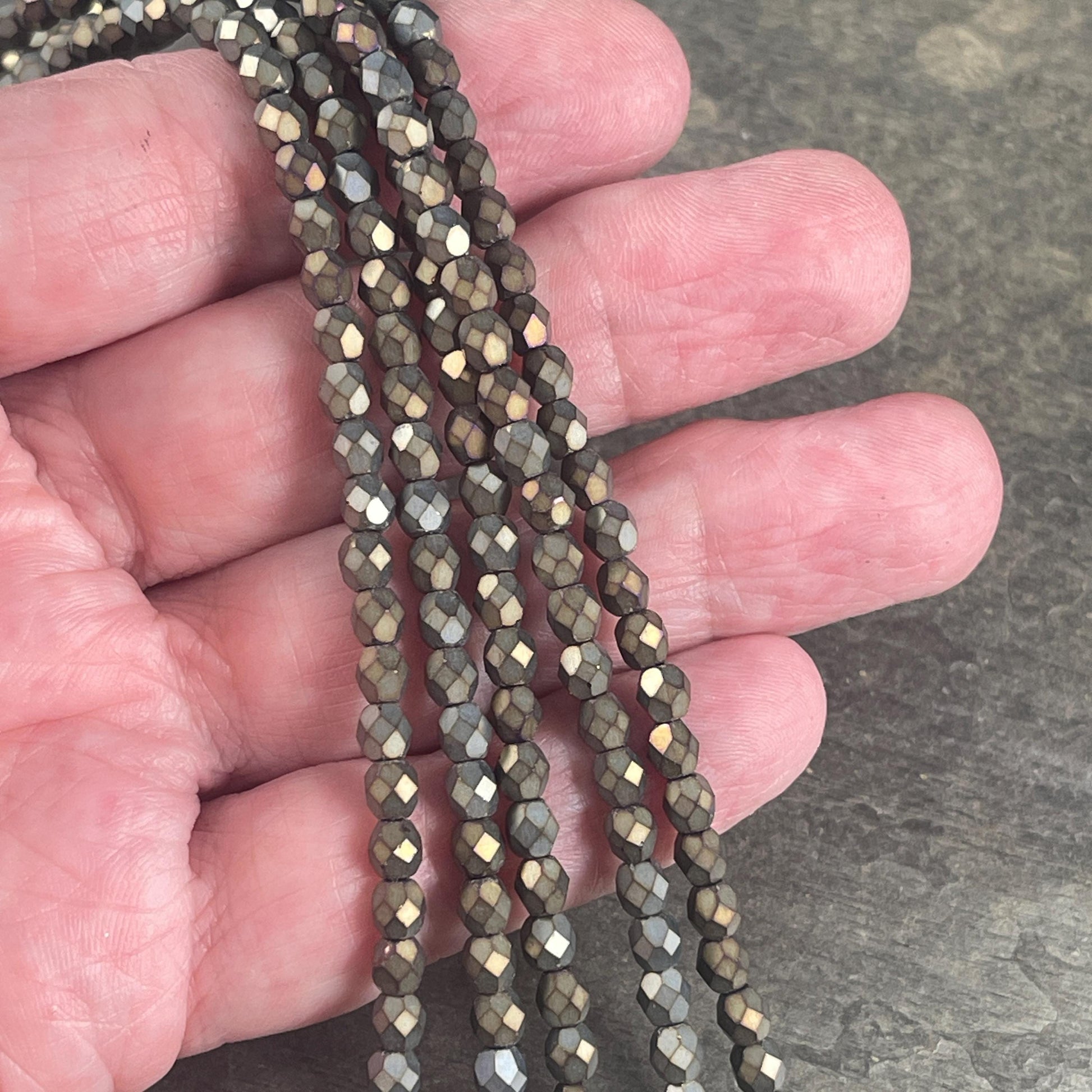 Czech Glass Beads - 4mm Faceted Round Beads, Matte Iris, Slate Green, Gray, Brown (FP4/SM-21455) * Qty. 50