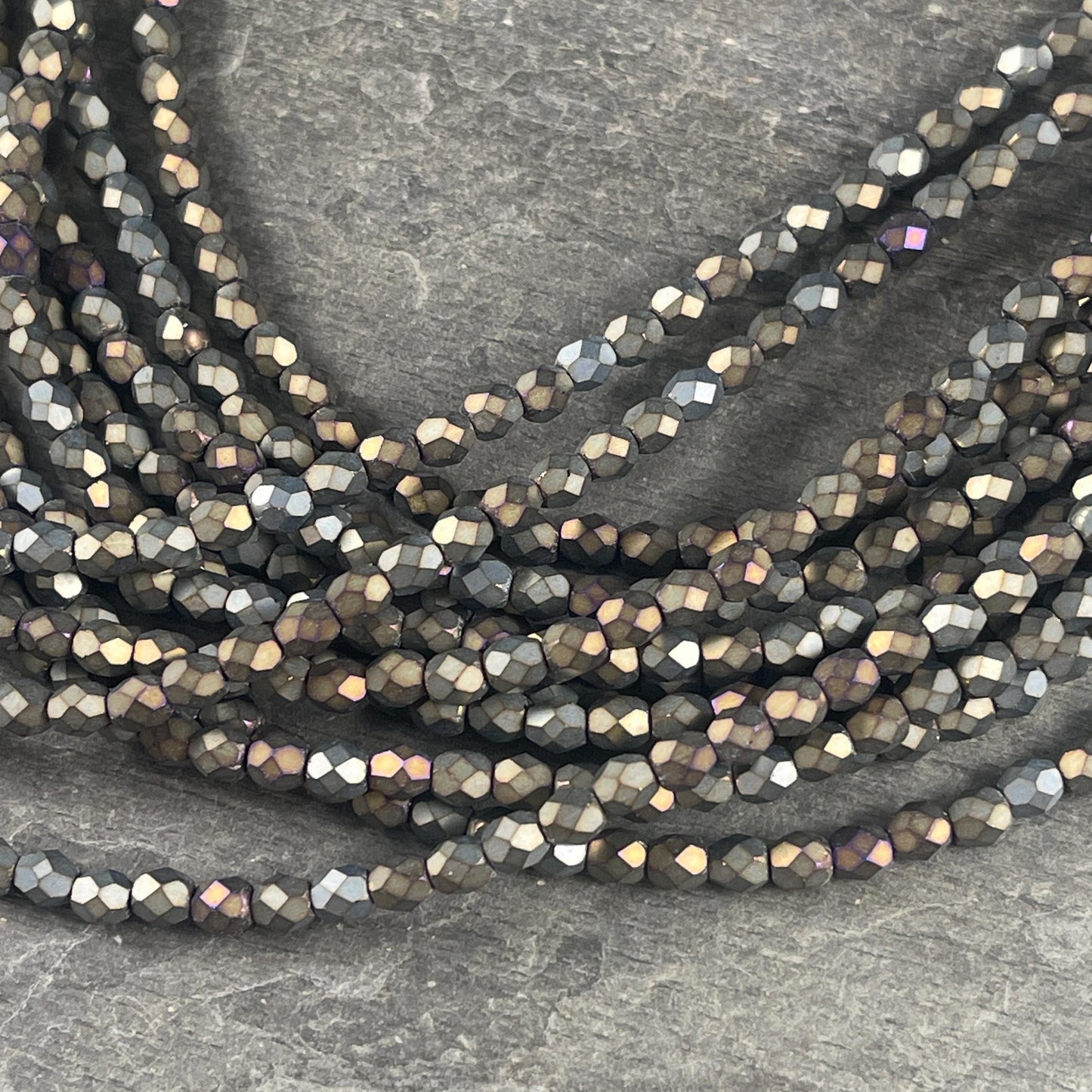 Czech Glass Beads - 4mm Faceted Round Beads, Matte Iris, Slate Green, Gray, Brown (FP4/SM-21455) * Qty. 50