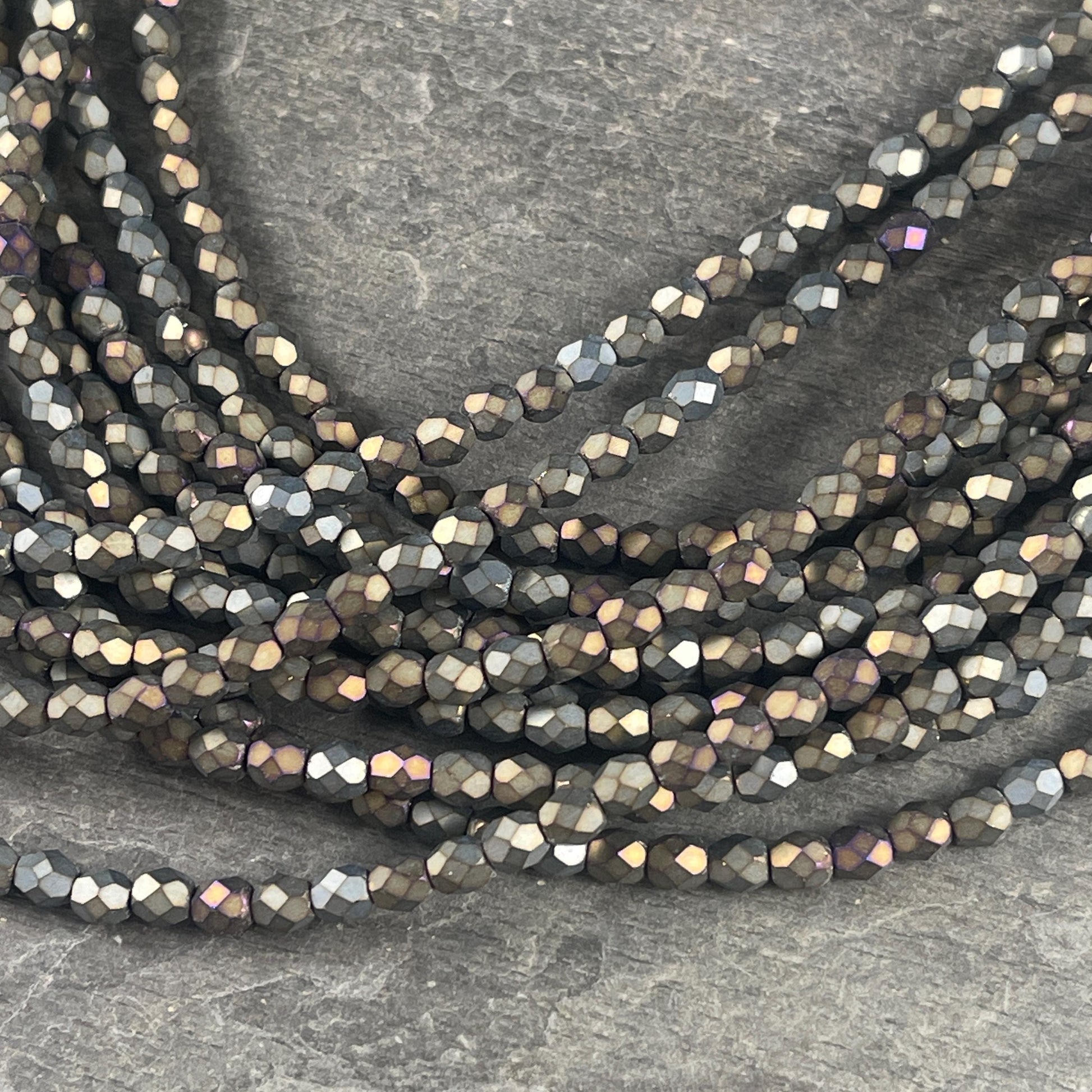 Czech Glass Beads - 4mm Faceted Round Beads, Matte Iris, Slate Green, Gray, Brown (FP4/SM-21455) * Qty. 50