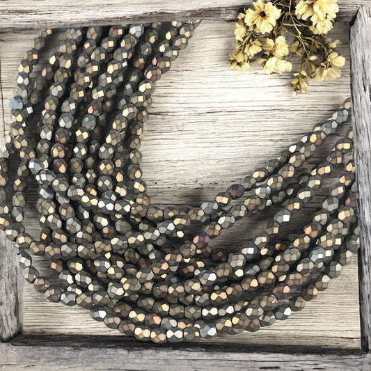 Czech Glass Beads - 4mm Faceted Round Beads, Matte Iris, Slate Green, Gray, Brown (FP4/SM-21455) * Qty. 50