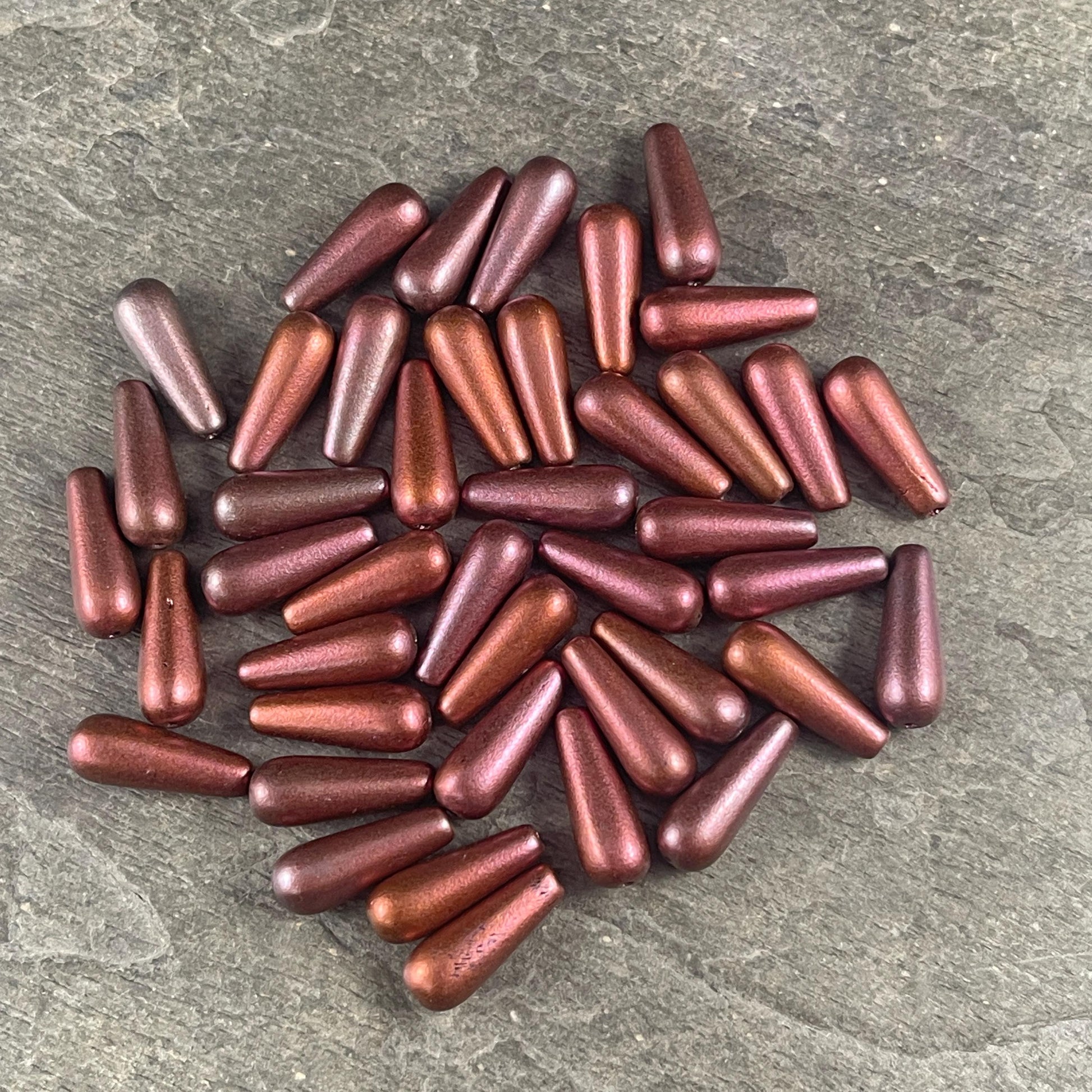 Czech Glass Beads - Elongated Tear Drops, Wine and Copper Satin Matte Finish, 15x6mm Tapered Drops (DRO/N-0432R) * Qty. 14