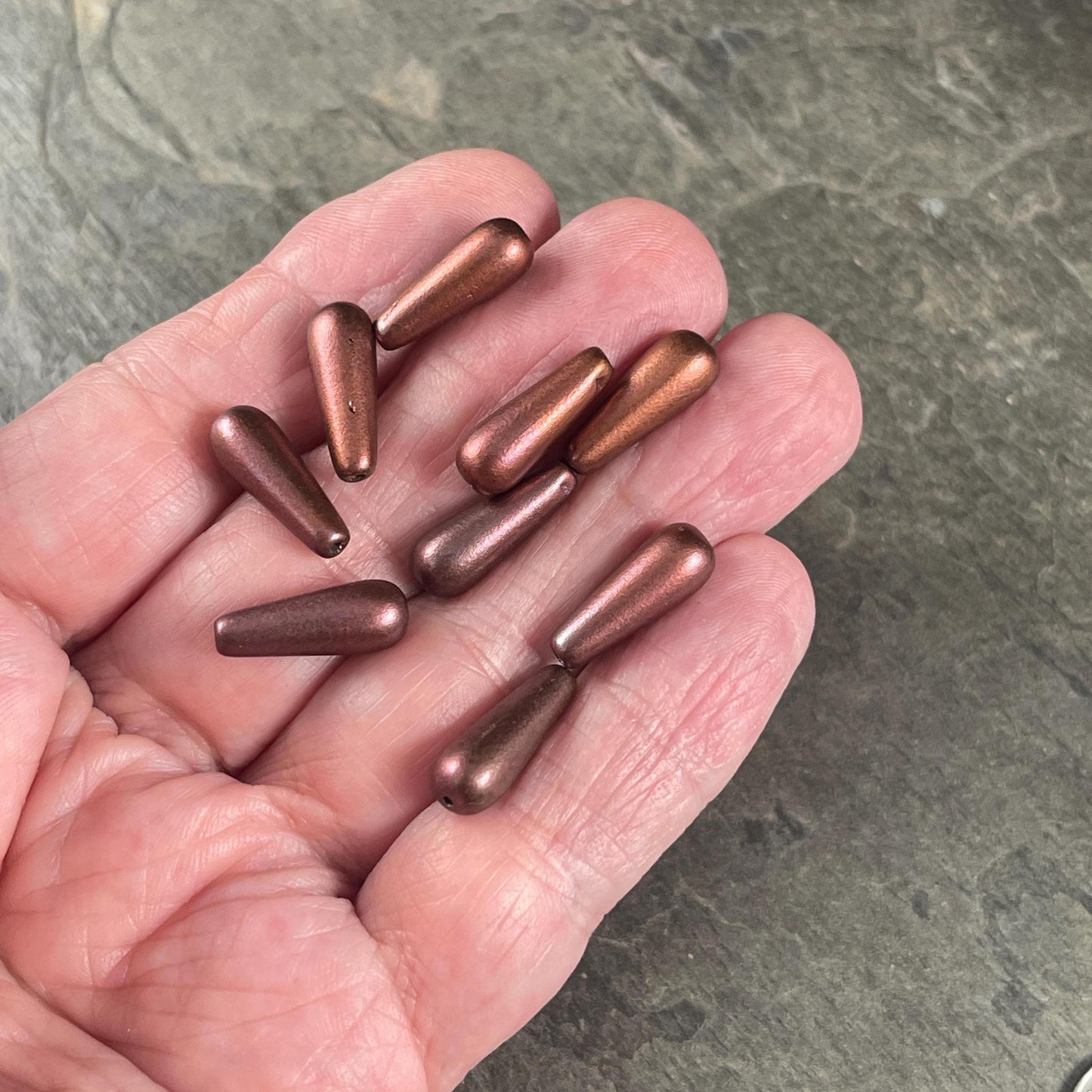 Czech Glass Beads - Elongated Tear Drops, Wine and Copper Satin Matte Finish, 15x6mm Tapered Drops (DRO/N-0432R) * Qty. 14