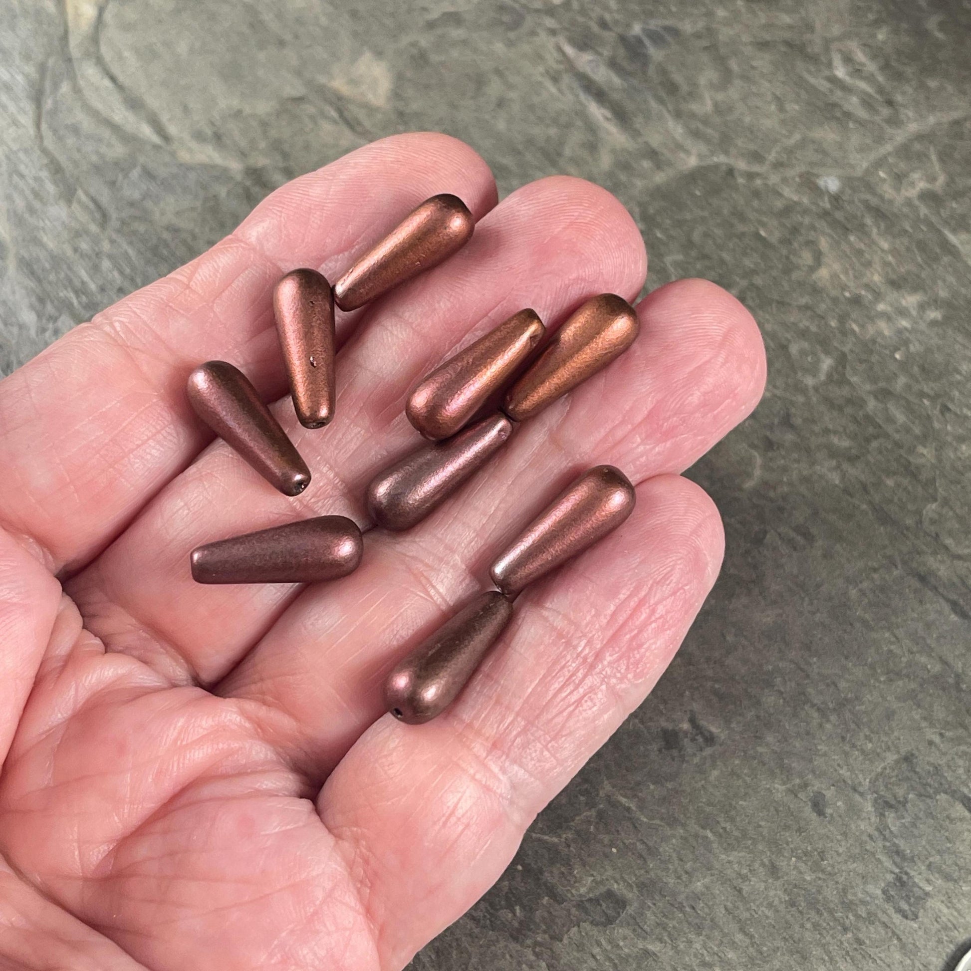 Czech Glass Beads - Elongated Tear Drops, Wine and Copper Satin Matte Finish, 15x6mm Tapered Drops (DRO/N-0432R) * Qty. 14
