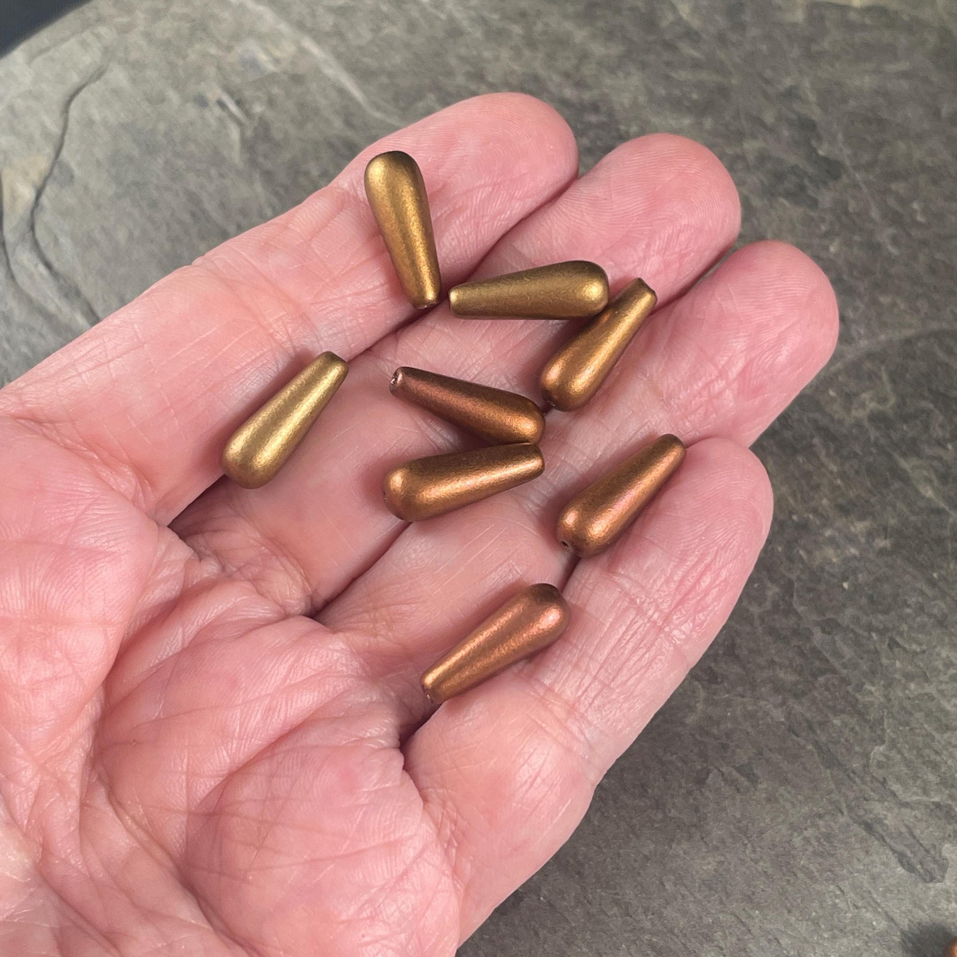 Czech Glass Beads - Elongated Tear Drops, Gold and Warm Copper Satin Matte Finish, 15x6mm Tapered Drops (DRO/N-0432G) * Qty. 14