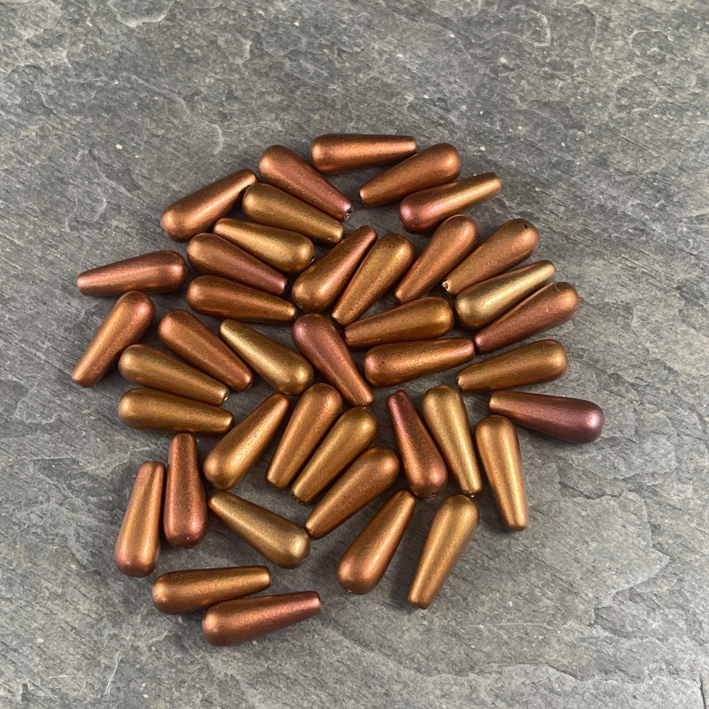 Czech Glass Beads - Elongated Tear Drops, Gold and Warm Copper Satin Matte Finish, 15x6mm Tapered Drops (DRO/N-0432G) * Qty. 14