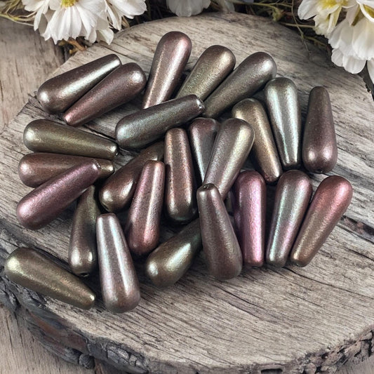 Czech Glass Beads - Elongated Tear Drops, Slate Gray Satin Matte Finish, 15x6mm Tapered Drops (DRO/N-0432S) * Qty. 14