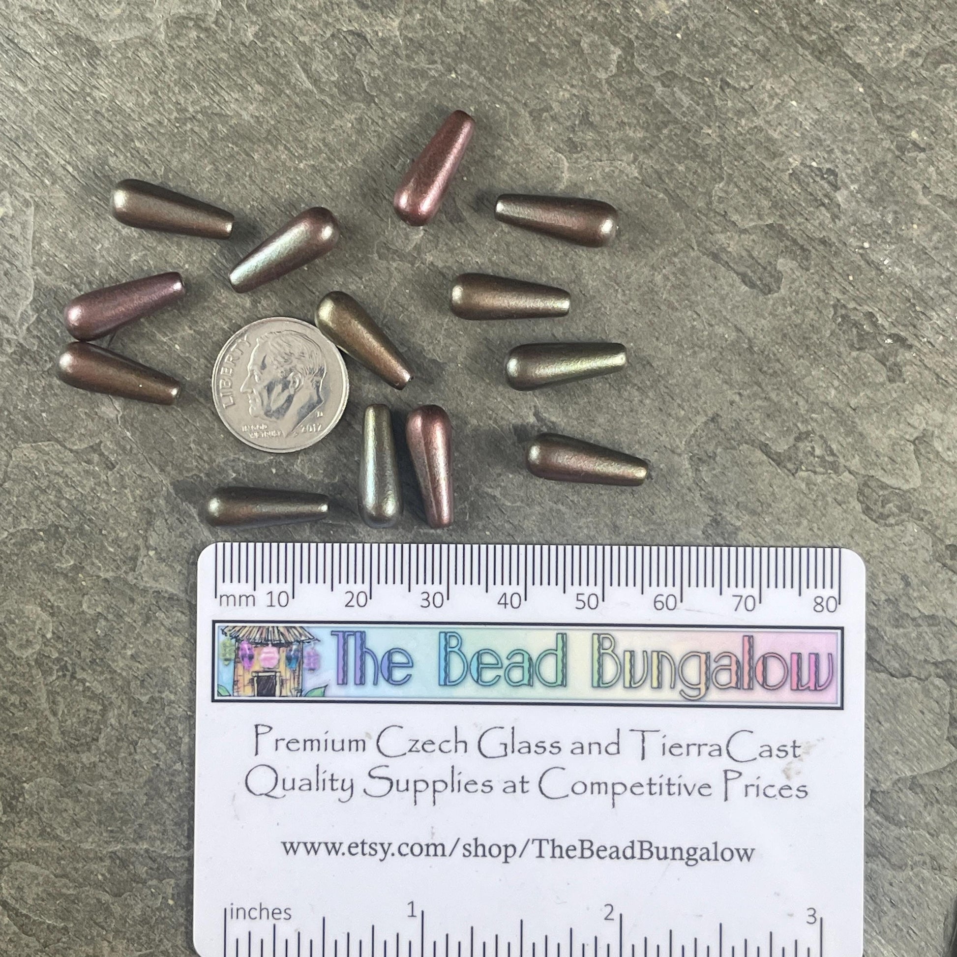 Czech Glass Beads - Elongated Tear Drops, Slate Gray Satin Matte Finish, 15x6mm Tapered Drops (DRO/N-0432S) * Qty. 14