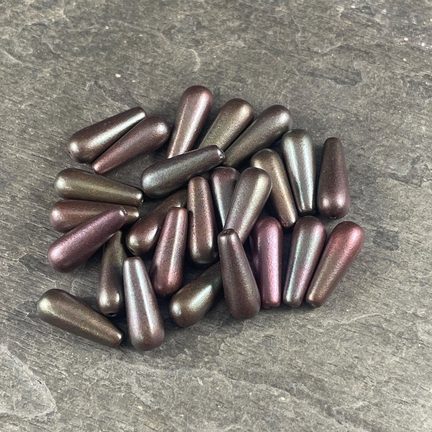 Czech Glass Beads - Elongated Tear Drops, Slate Gray Satin Matte Finish, 15x6mm Tapered Drops (DRO/N-0432S) * Qty. 14