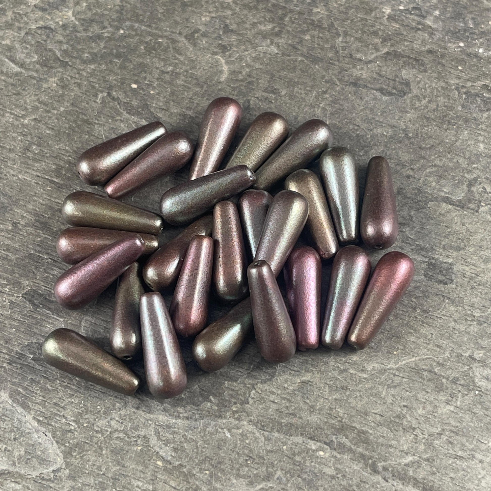 Czech Glass Beads - Elongated Tear Drops, Slate Gray Satin Matte Finish, 15x6mm Tapered Drops (DRO/N-0432S) * Qty. 14