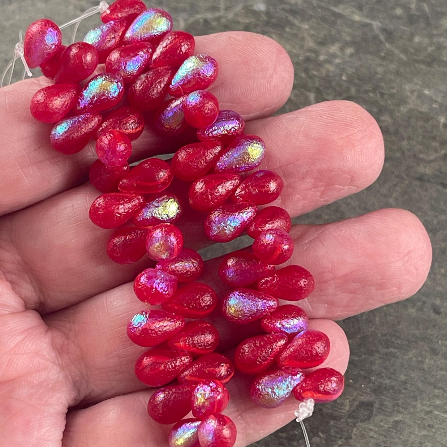 Czech Glass Beads - Scarlet Red Briolette Tear Drop Beads, Etched with AB Finish (BTD/69D) * Qty. 25